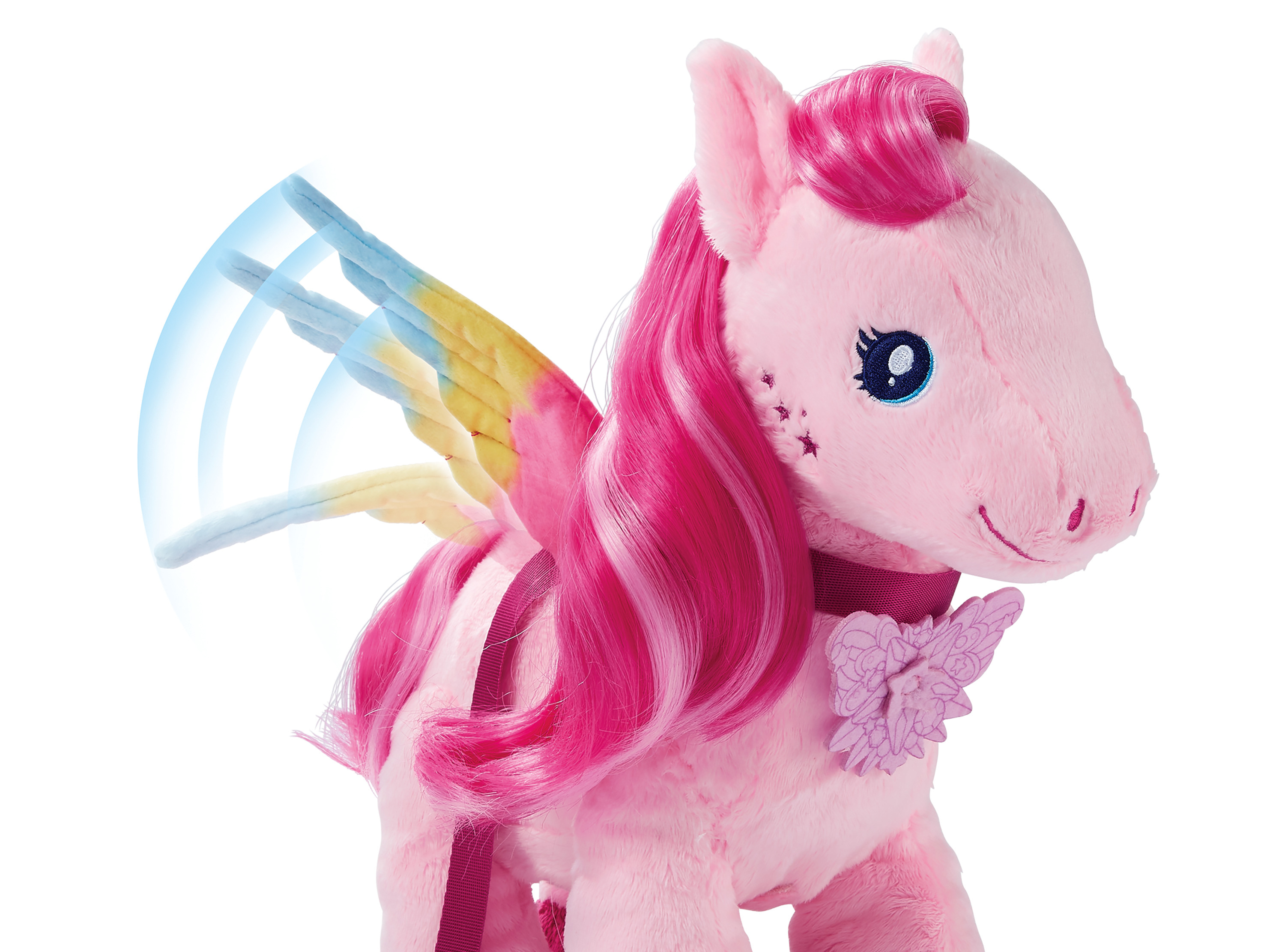 Rosa Plüsch-Pony-Spielzeug mit beweglichen Flügeln. Flügel haben Regenbogenfarben. Rosa Haare und ein rosa Band.
