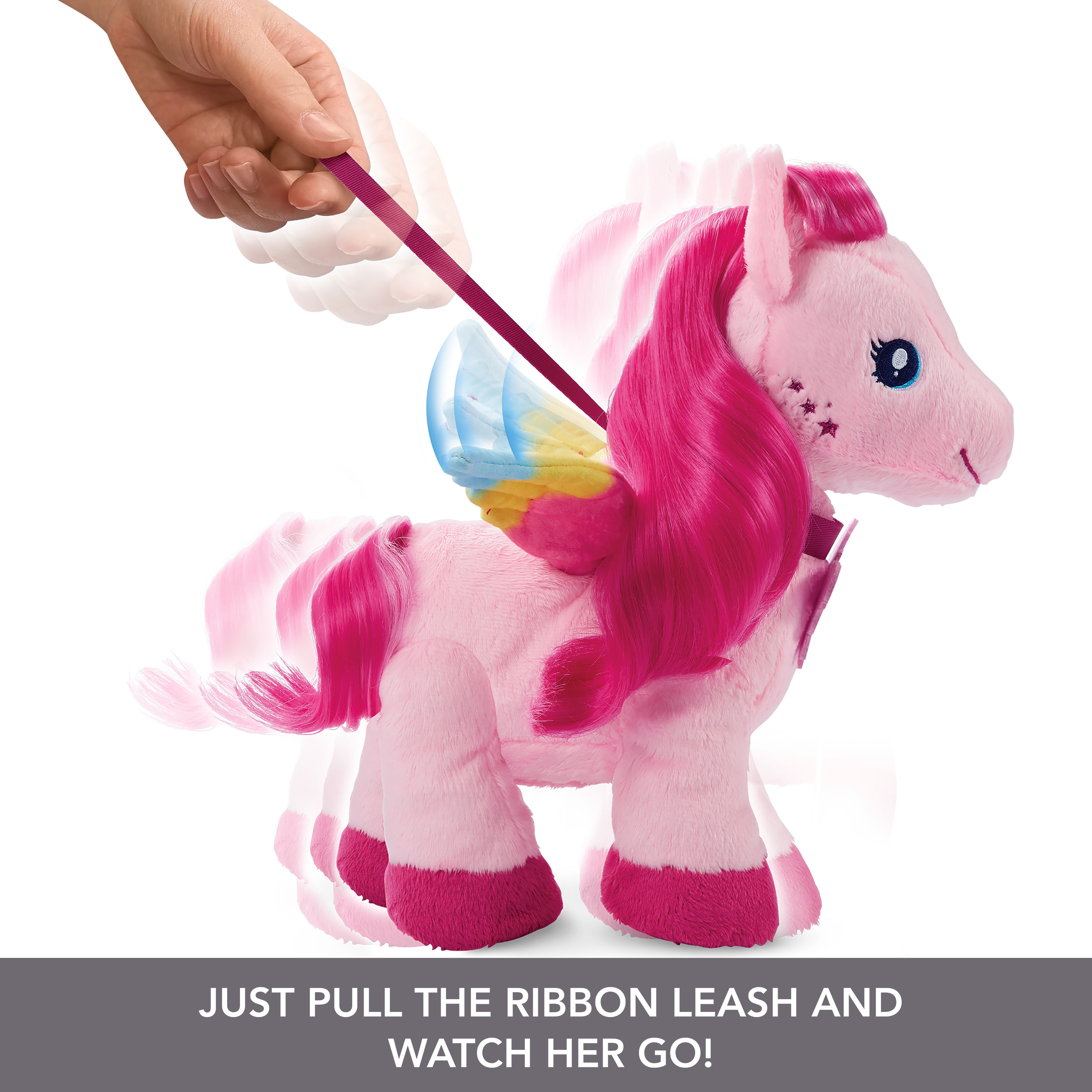 Rosa Pony-Spielzeug mit Flügeln und einer Schnur. Hand hält die Leine.