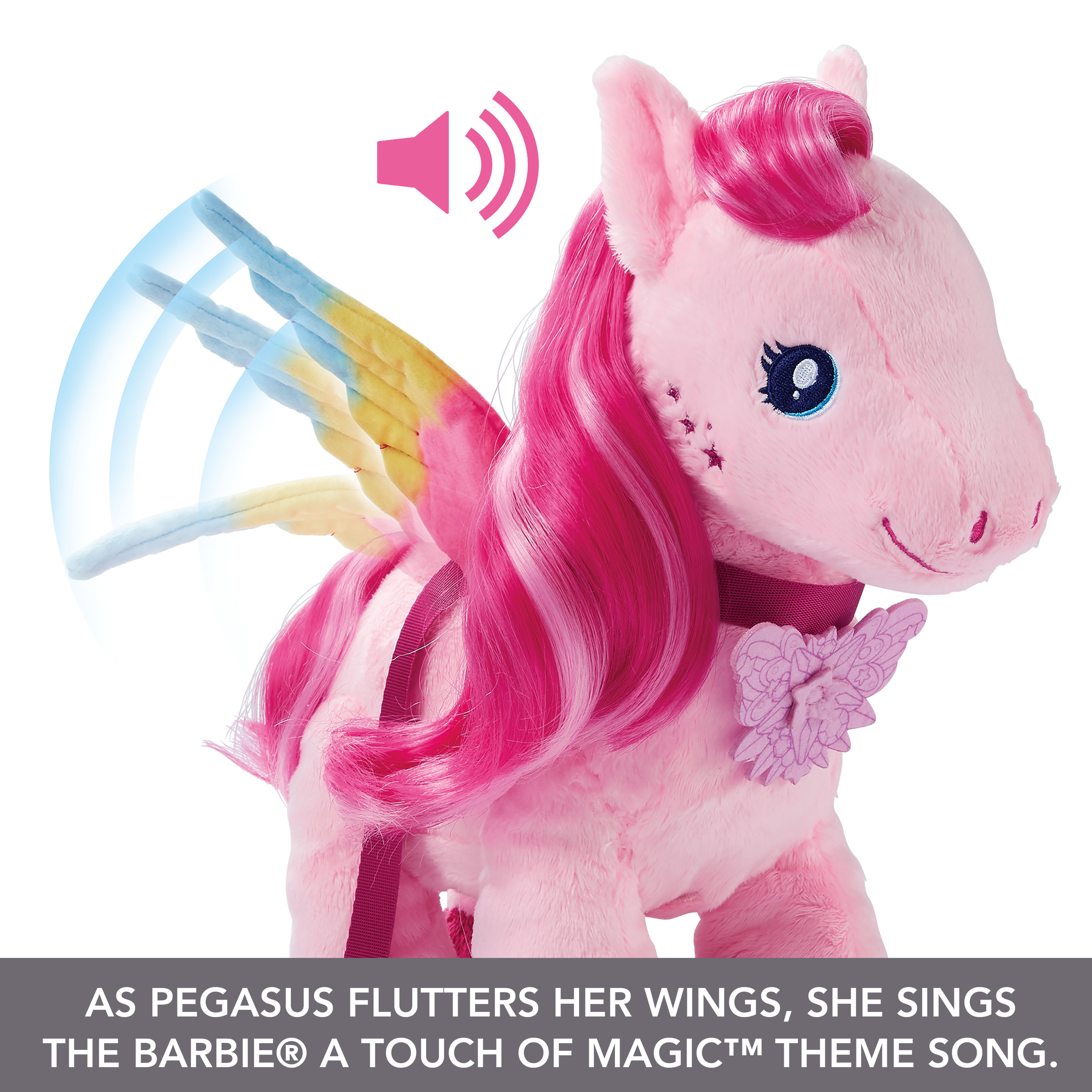 Rosa Pegasus-Spielzeug mit ausgebreiteten Flügeln, Text: "As Pegasus flutters...".