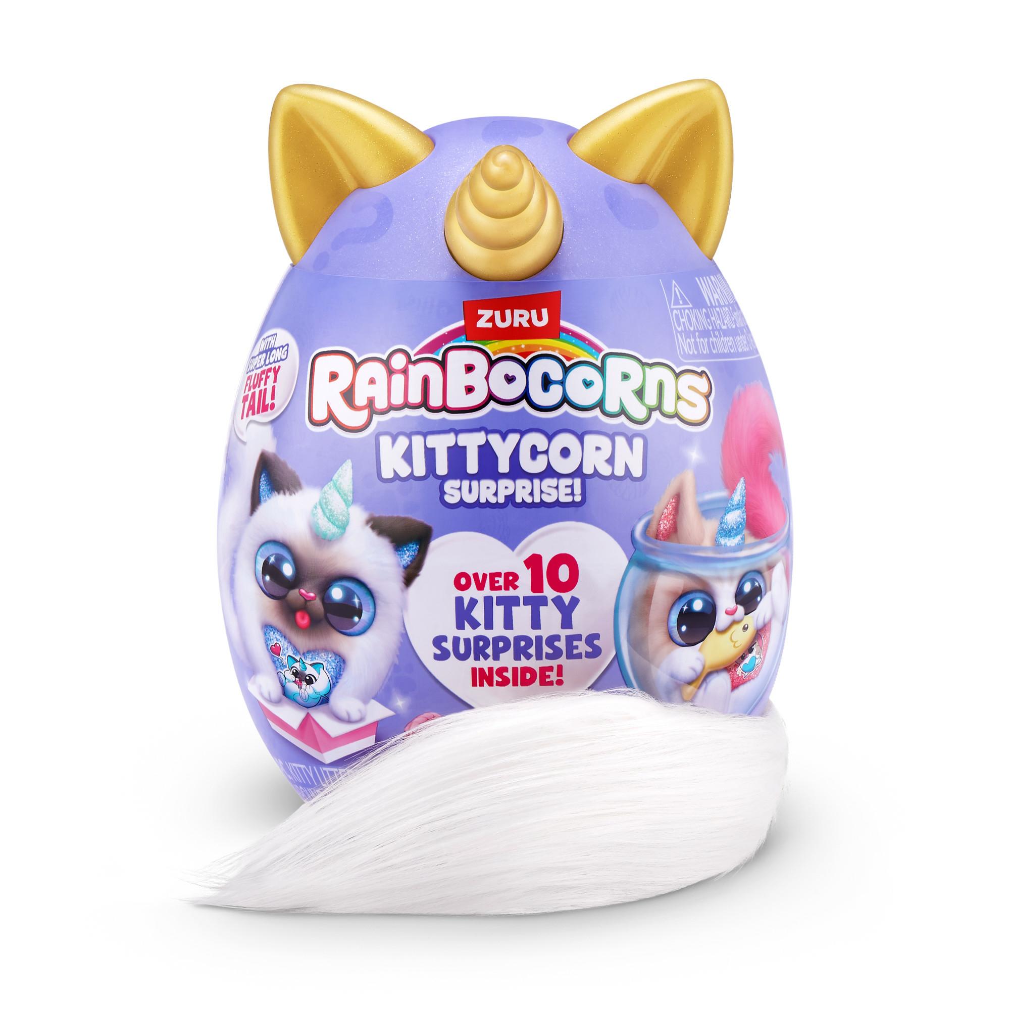 Ein Rainbocorns Kittycorn Surprise eiförmiger Behälter mit Schwanz, plus ein Kätzchenspielzeug darin.