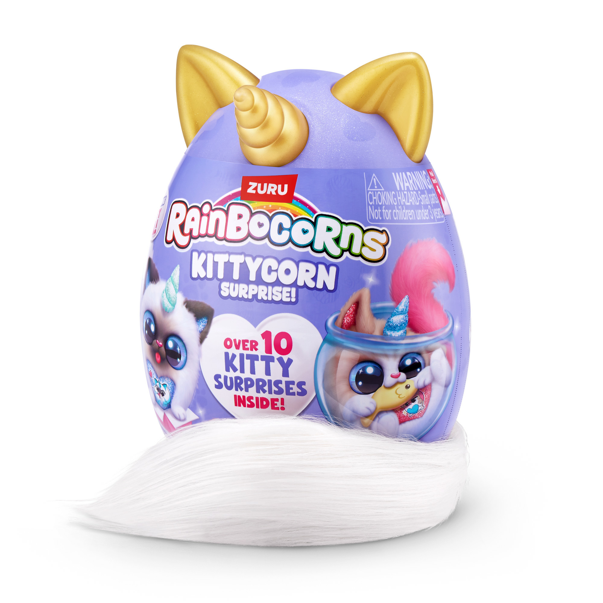 Ein Rainbocorns Kittycorn Surprise eiförmiger Behälter mit Schwanz und ein Kätzchenspielzeug innen.
