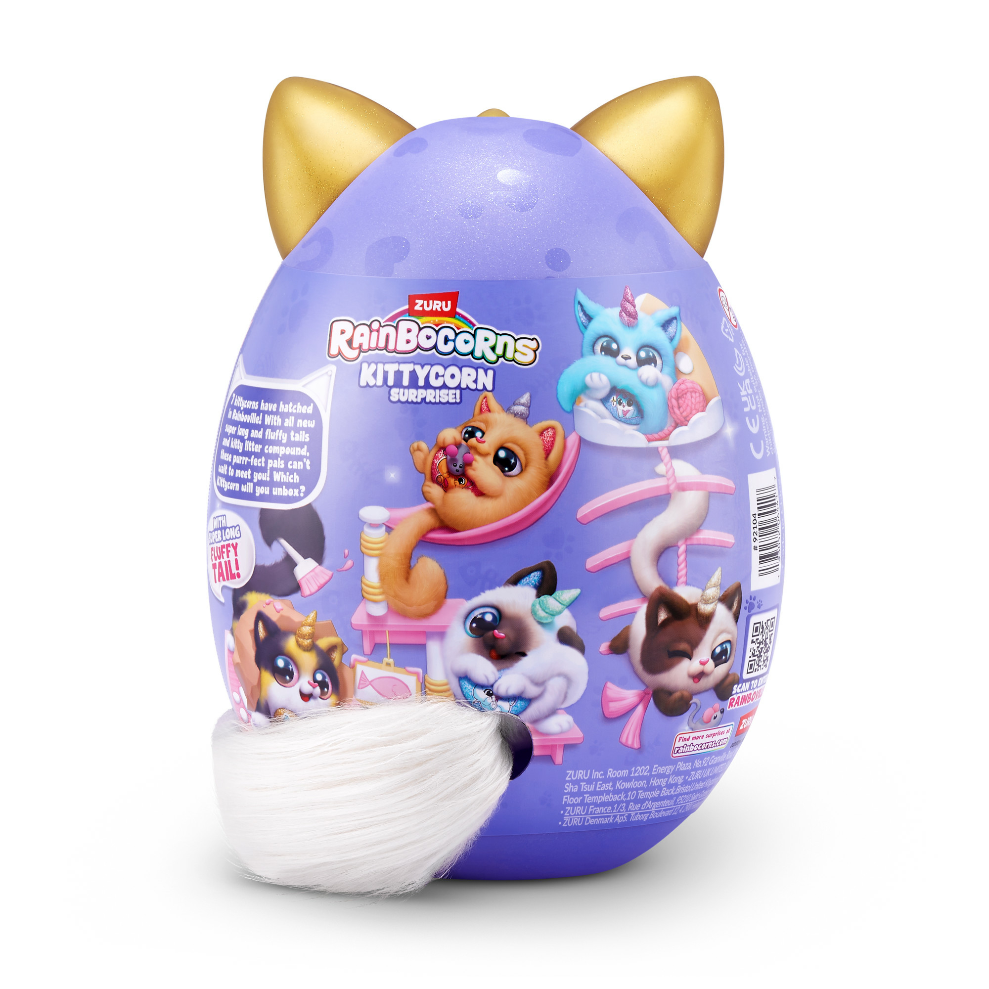 Ein lila eiförmiges Spielzeug mit Katzenfiguren.