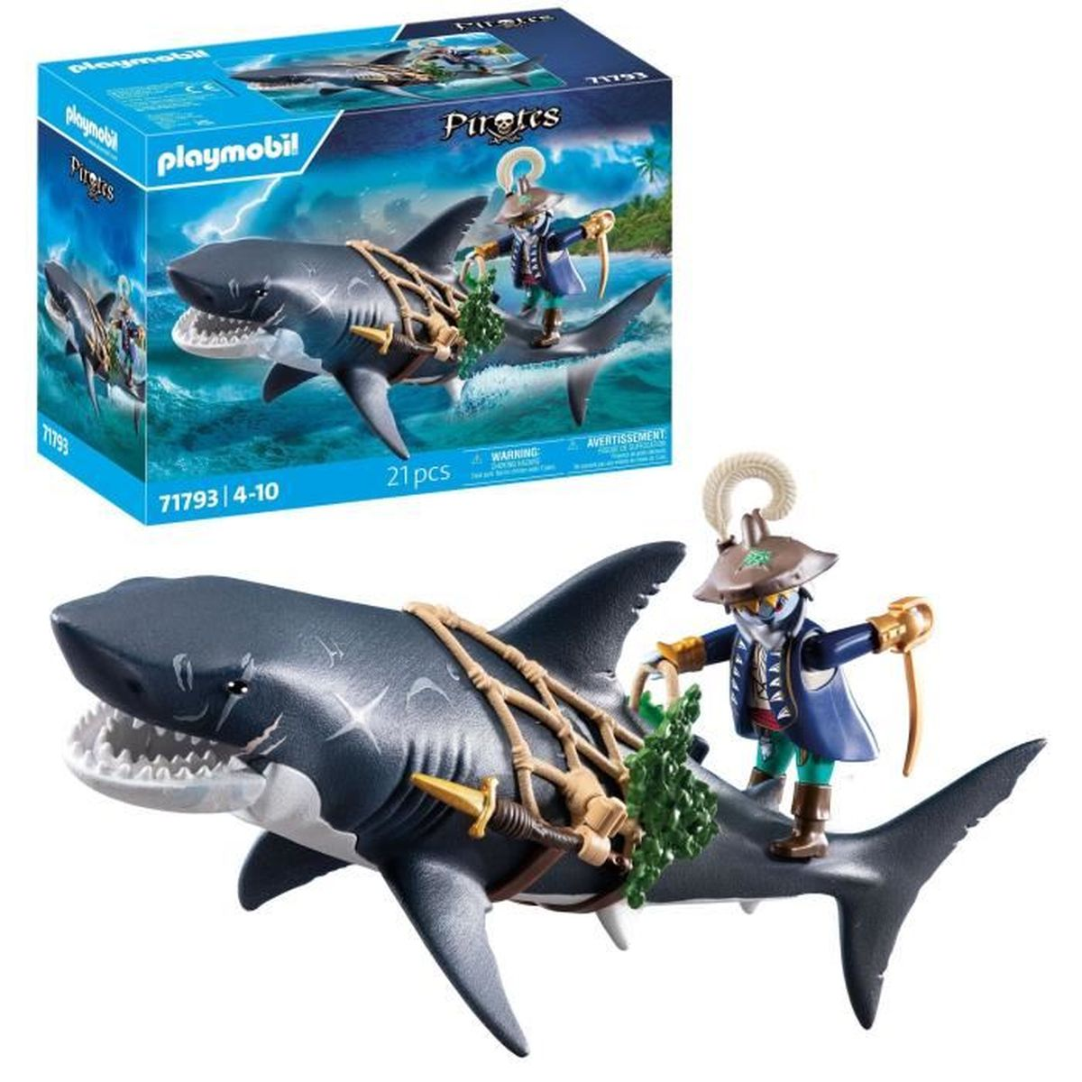 Zestaw Playmobil Piraci z rekinem i figurką pirata. Zestaw zawiera pudełko i akcesoria.