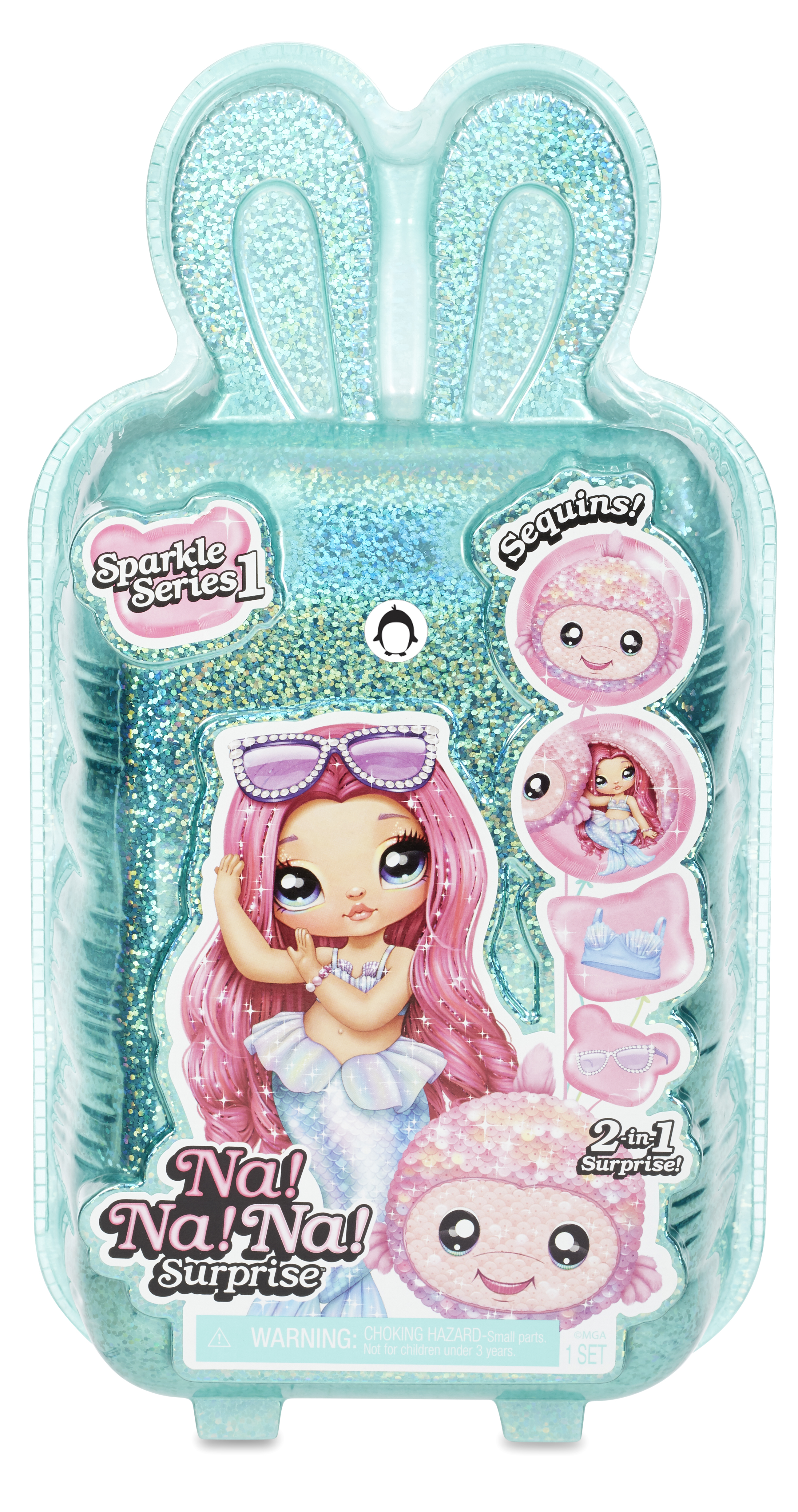 Een Na! Na! Na! Surprise poppenset in een blauwe glitterkoffer. Inclusief een pop en verrassingselementen.