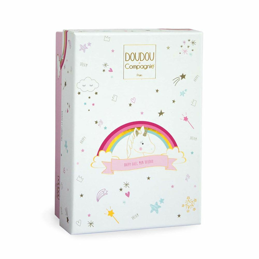 Pudełko prezentowe z ilustracją jednorożca, tęczą i elementami dekoracyjnymi.