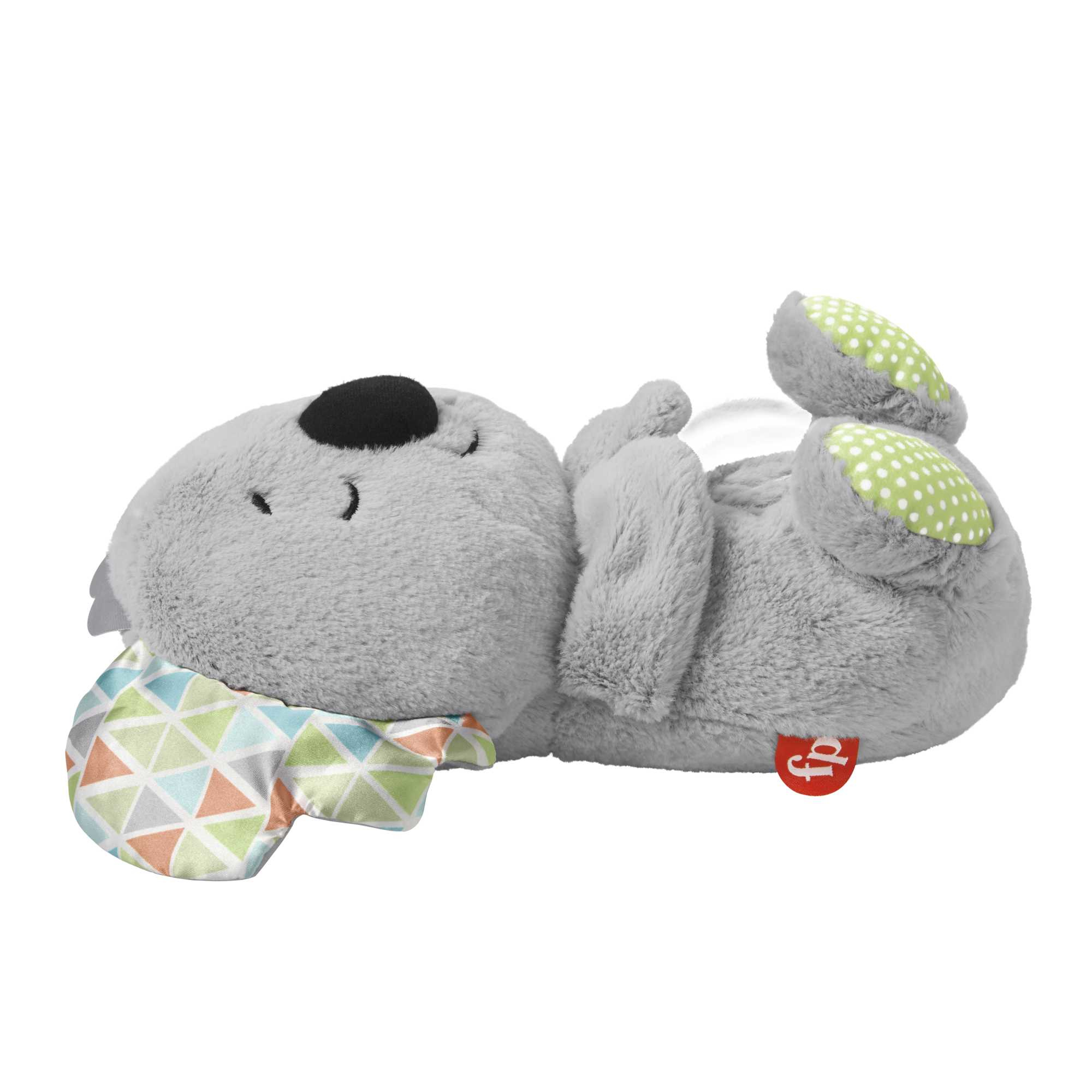 Szara pluszowa zabawka koala leżąca na plecach. Ma kolorowy szalik i zielone, kropkowane stopy.