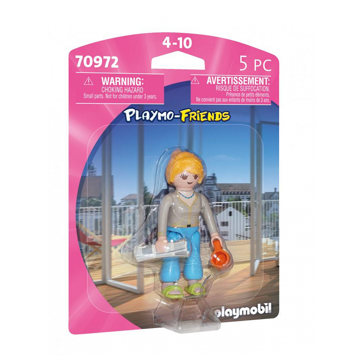 Figurka Playmobil w blistrze. Figurka trzyma kubek i gazetę.