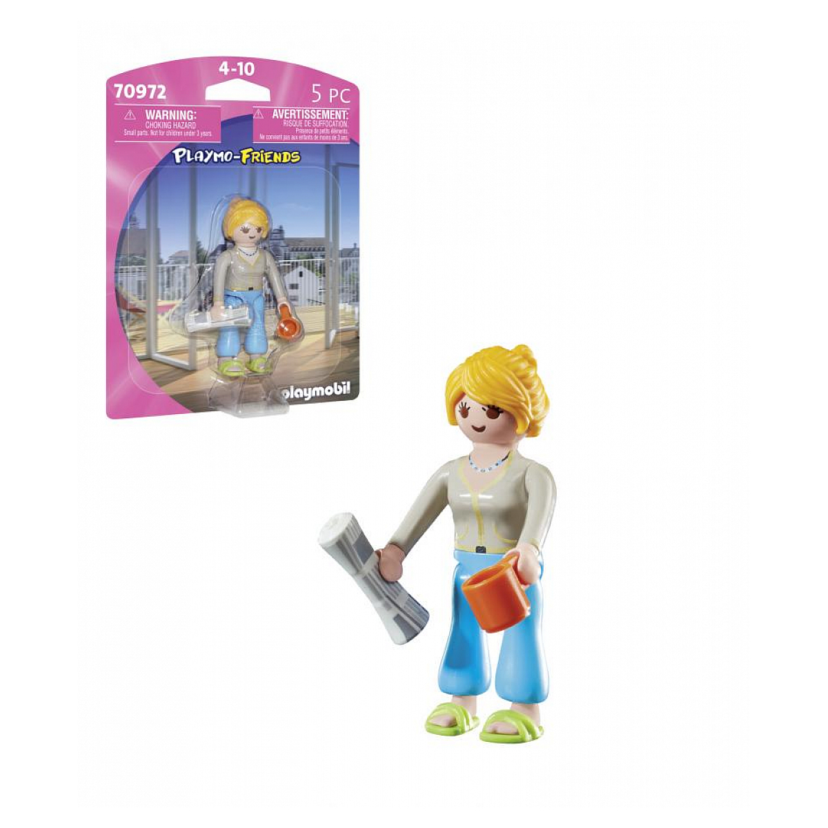 Figurka Playmobil w blistrze. Figurka trzyma kubek i gazetę.