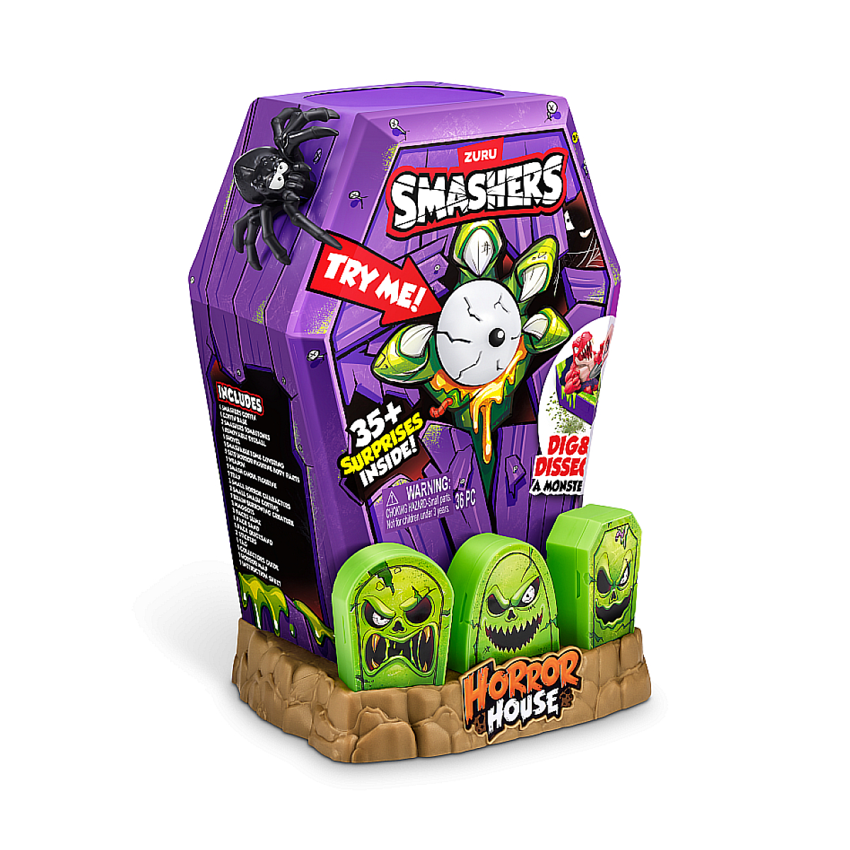 Una scatola di giocattoli viola con un mostro e delle lapidi. C'è scritto 'Smashers Horror House'.