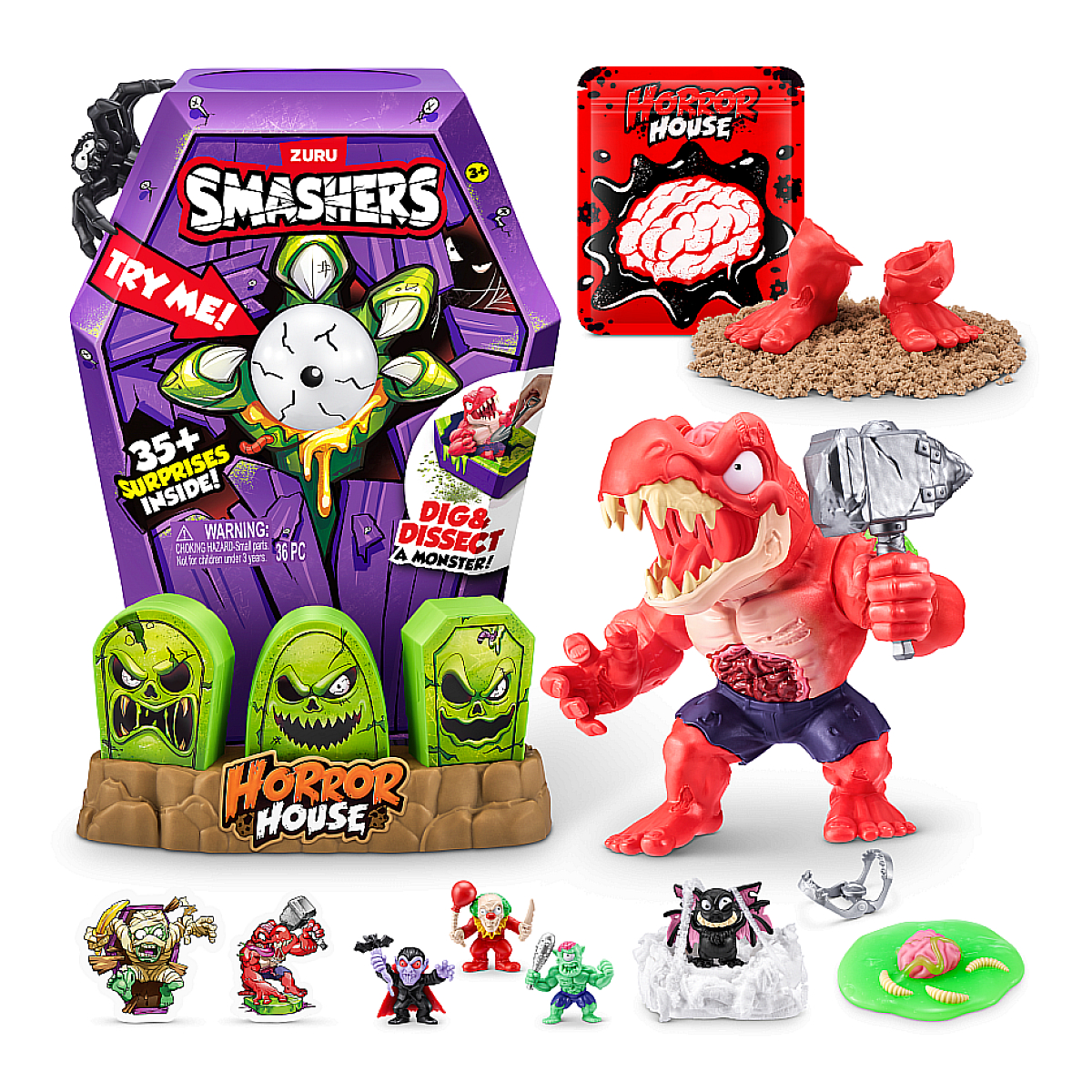 Set di giocattoli Horror House con un mostro rosso, lapidi e altre figure di mostri. Marchio Zuru Smashers.
