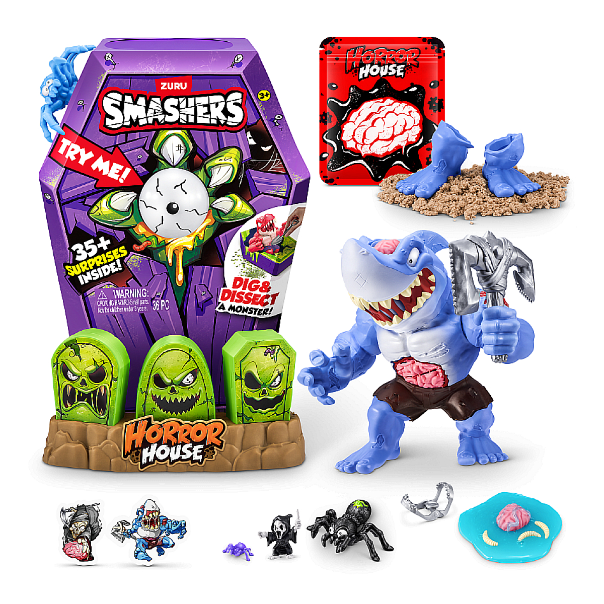 Un set di giocattoli con un mostro, lapidi e accessori. C'è scritto 'Smashers Horror House'.