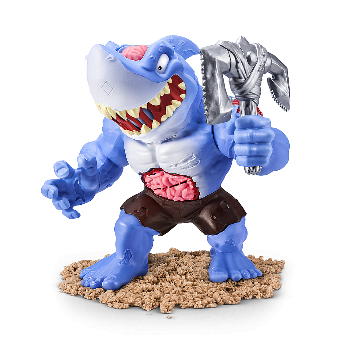 Giocattolo squalo zombie, blu, con un piccone.