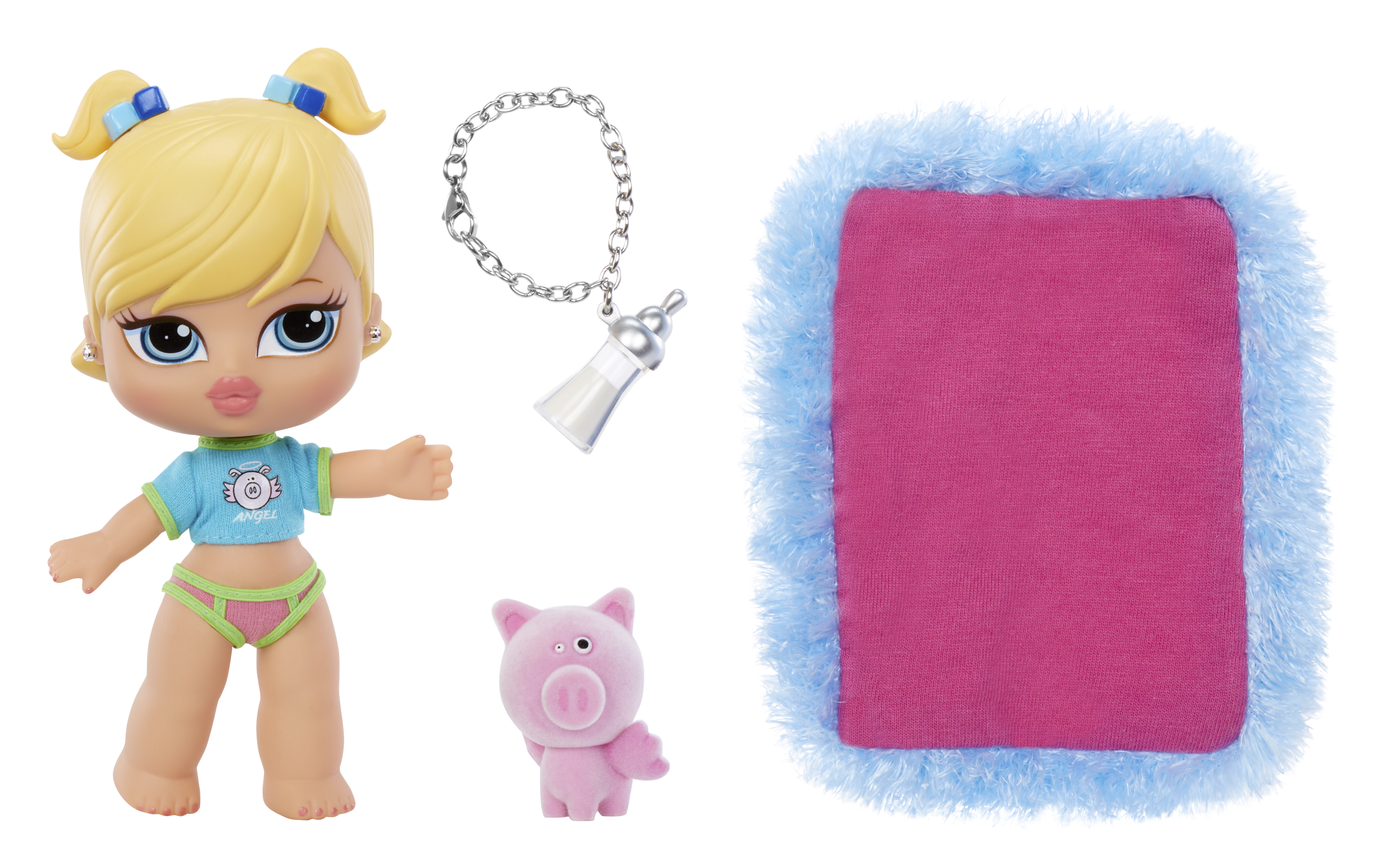 Bratz Babyz Puppe mit blonden Zöpfen und Zubehör, darunter ein Schwein und eine Flasche.