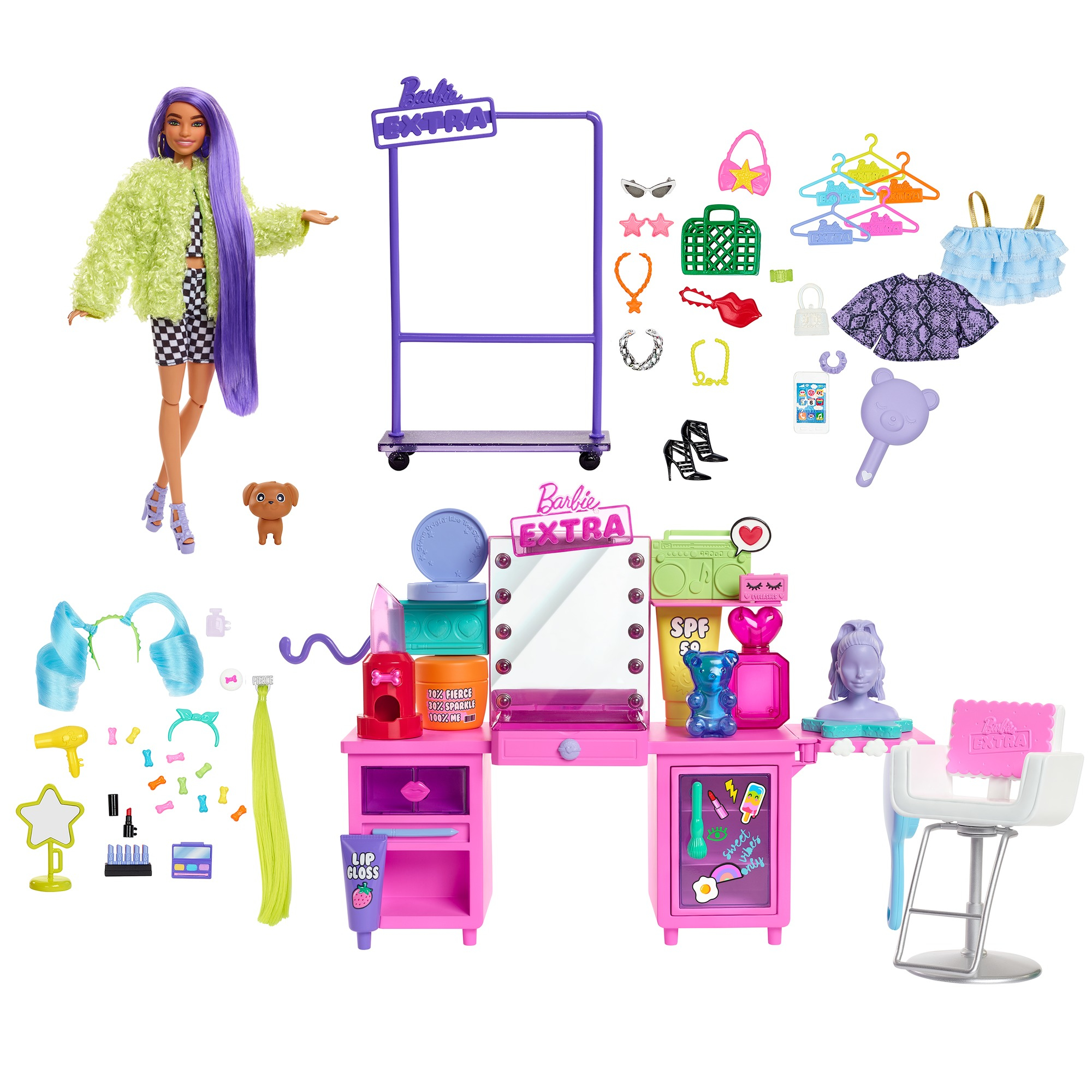 Barbie Extra Spielset mit Puppe, Ankleidestation, Kleiderständer und Zubehör auf weißem Hintergrund.