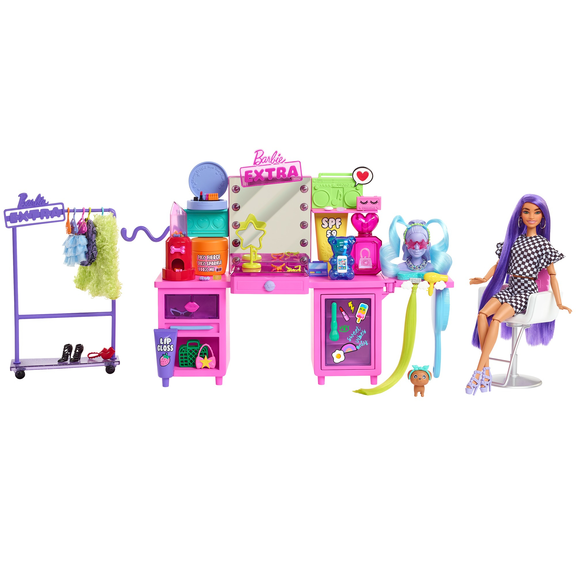 Barbie Extra Spielset mit Puppe, Schminktisch und Zubehör. Enthält einen Kleiderständer und Hundespielzeug.