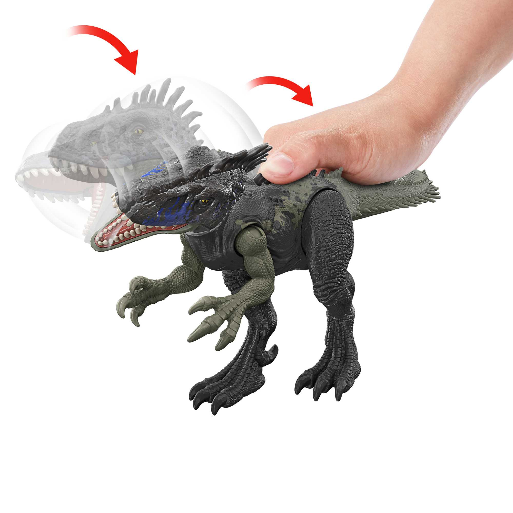 Un dinosaurio de juguete siendo manipulado, mostrando su cabeza abriéndose con una mano empujando el juguete.