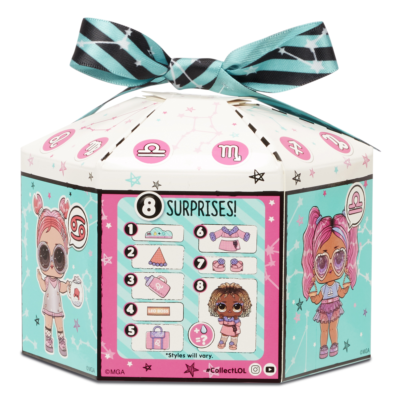 Pudełko LOL Surprise Present Surprise z kokardą, obrazkami lalek i szczegółami zawartości niespodzianki.