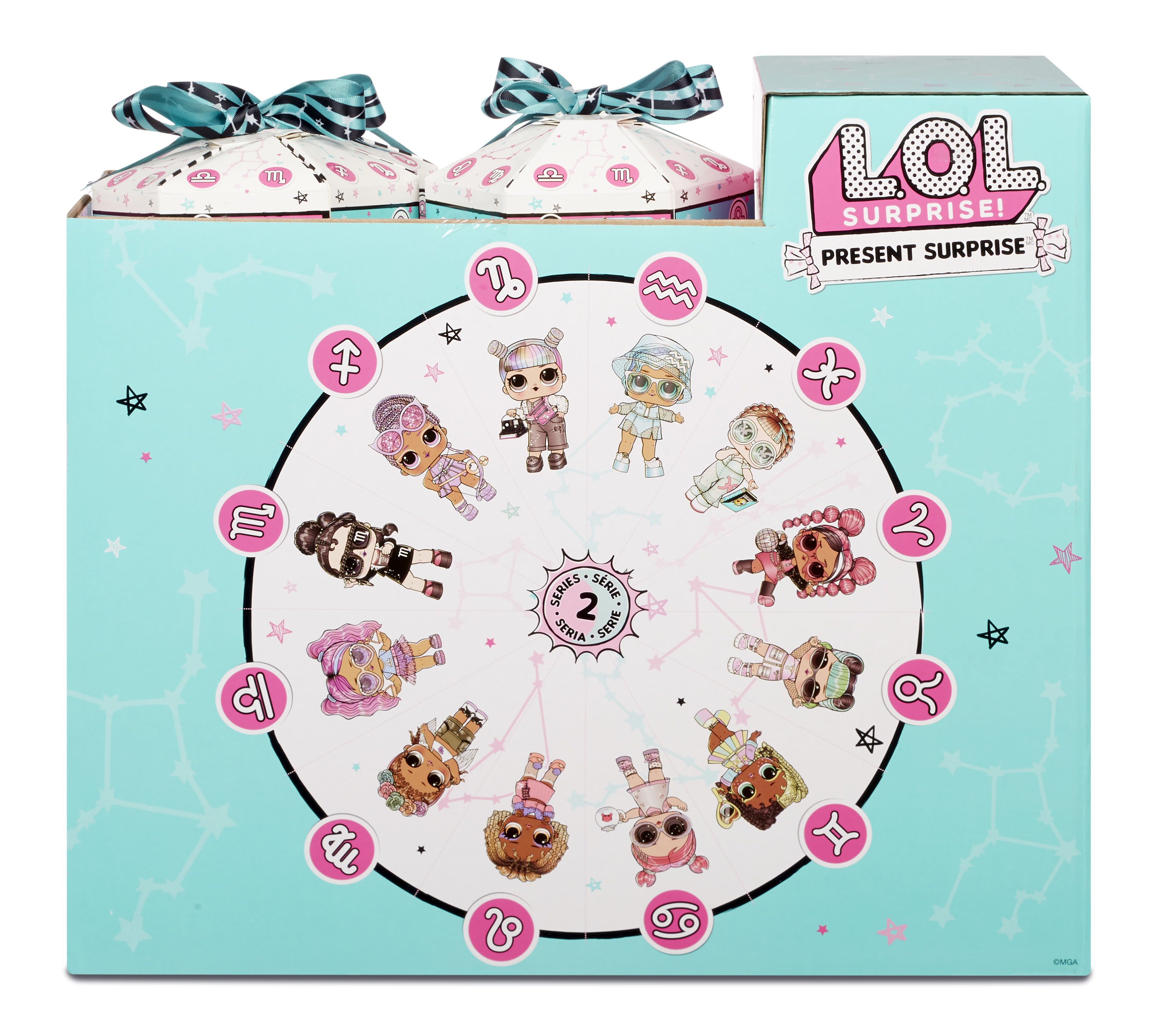 Pudełko LOL Surprise Present Surprise z lalkami i znakami zodiaku, w okręgu.