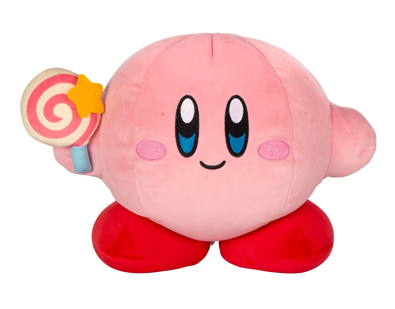 Peluche rosa di Kirby con un lecca-lecca a stella. Sfondo bianco.