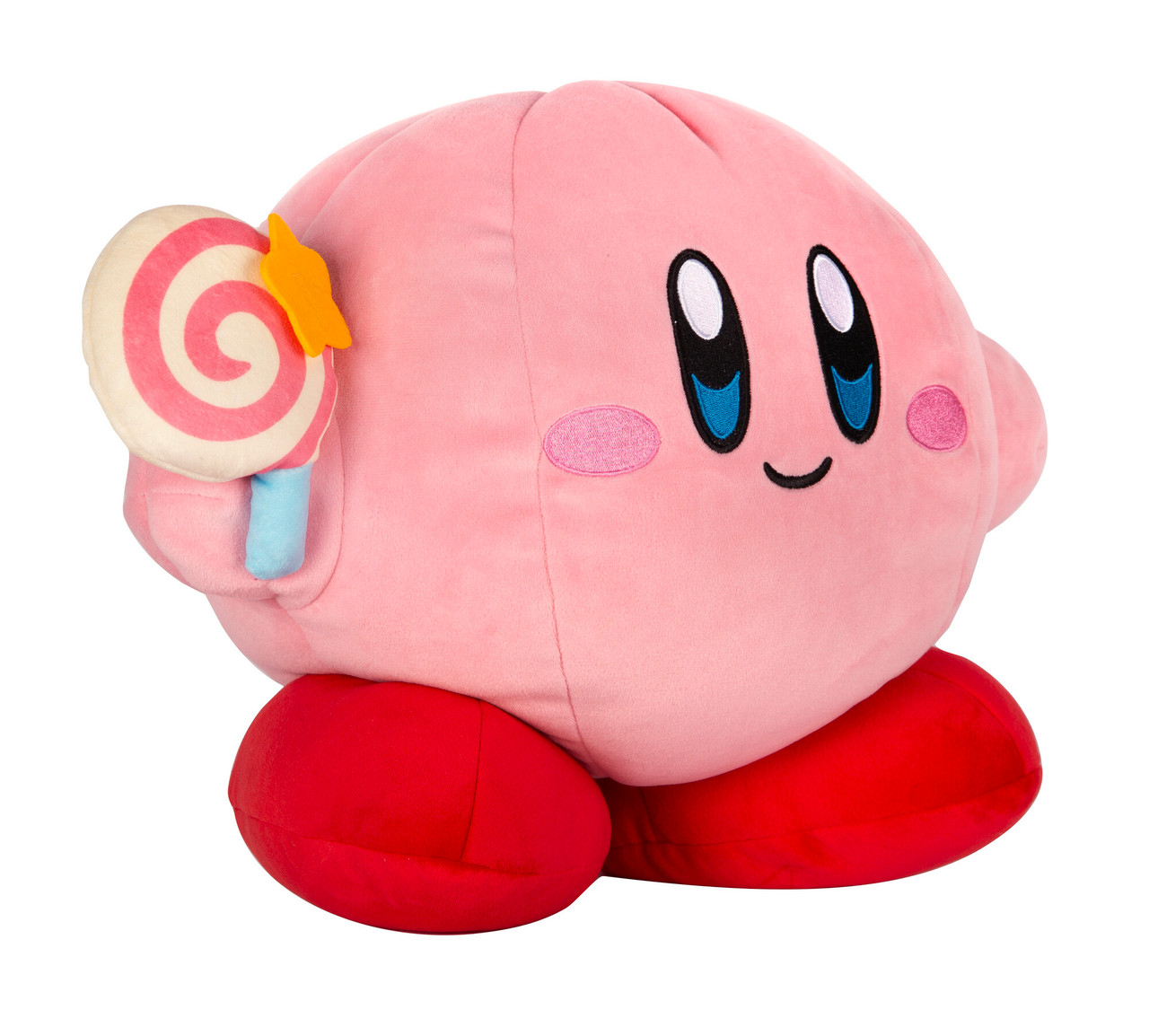 Un peluche rosa di Kirby che tiene un lecca-lecca con una stella. Piedi rossi. Sfondo bianco.