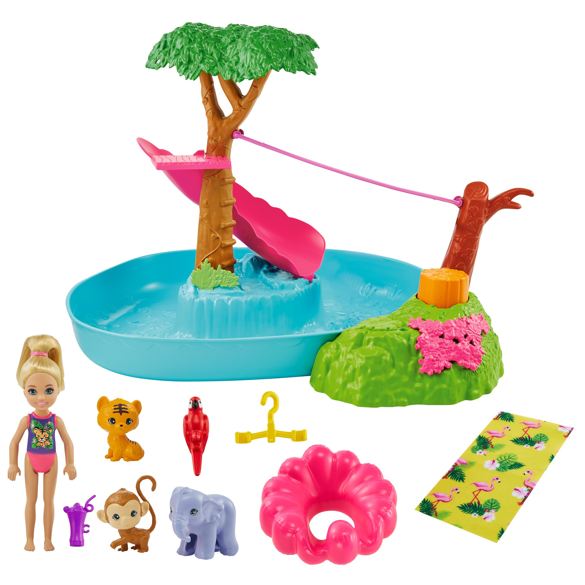 Spielset mit Pool, Rutsche und Spielzeugtieren. Enthält eine Puppe, einen Tiger, einen Papagei und ein Elefantenspielzeug.