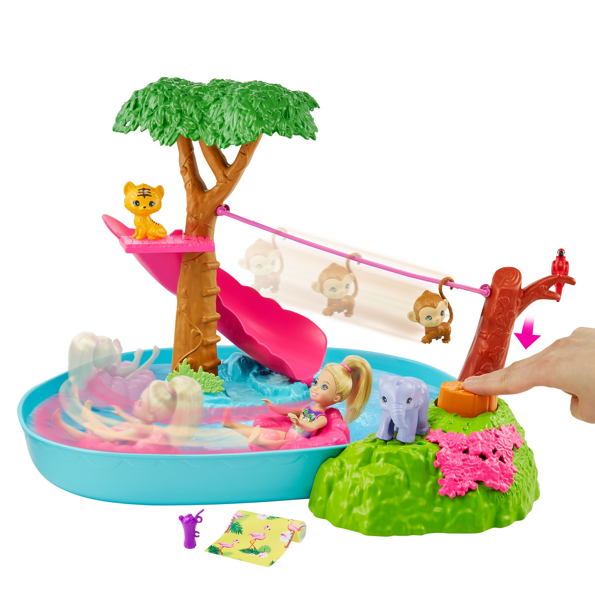 Ein Spielzeugset mit Pool, Puppen, Affen und einem Baum. Die Szene zeigt eine Dschungelumgebung.
