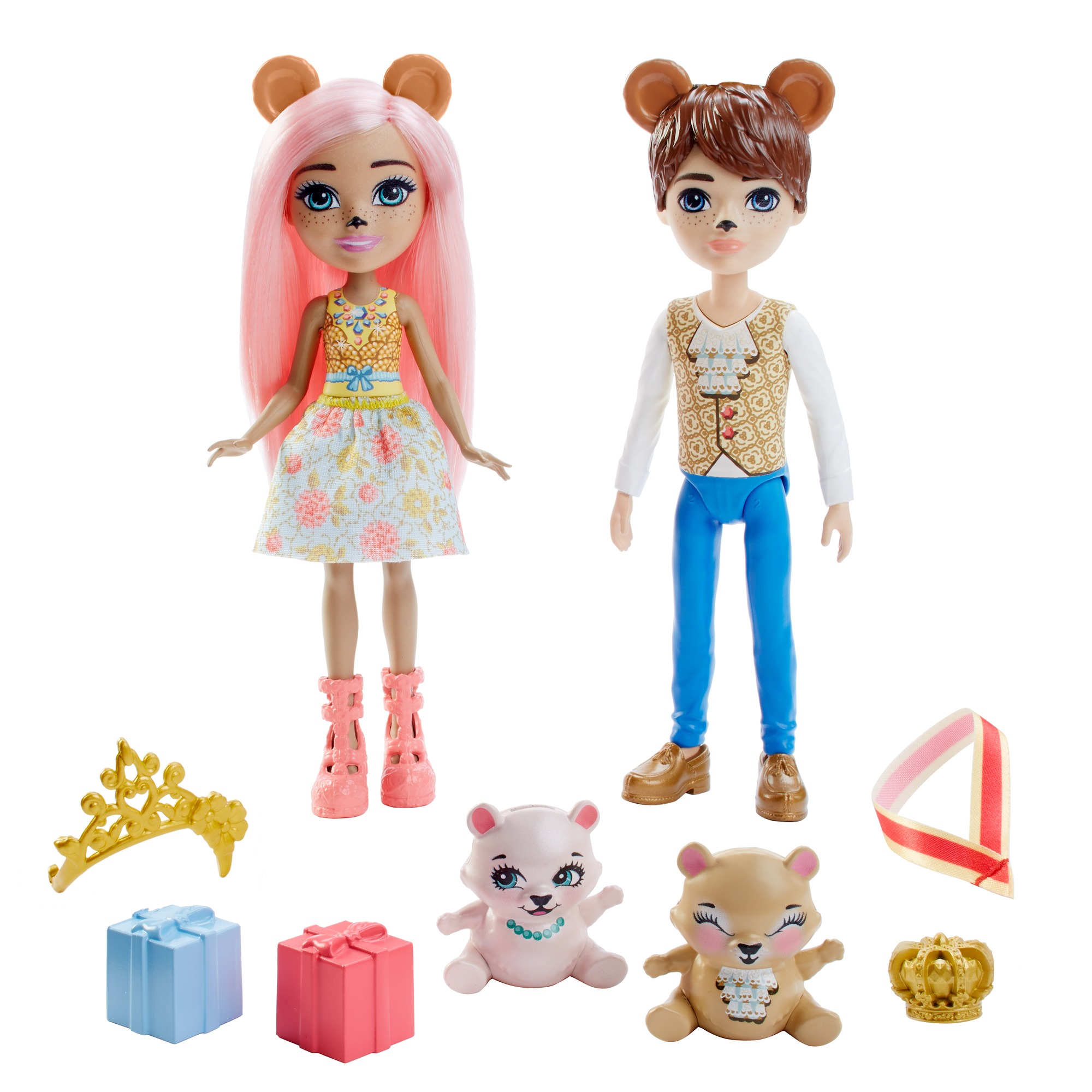 Zwei Puppen mit Bärenohren, Zubehör wie Krone, Geschenke und Bärenfiguren.