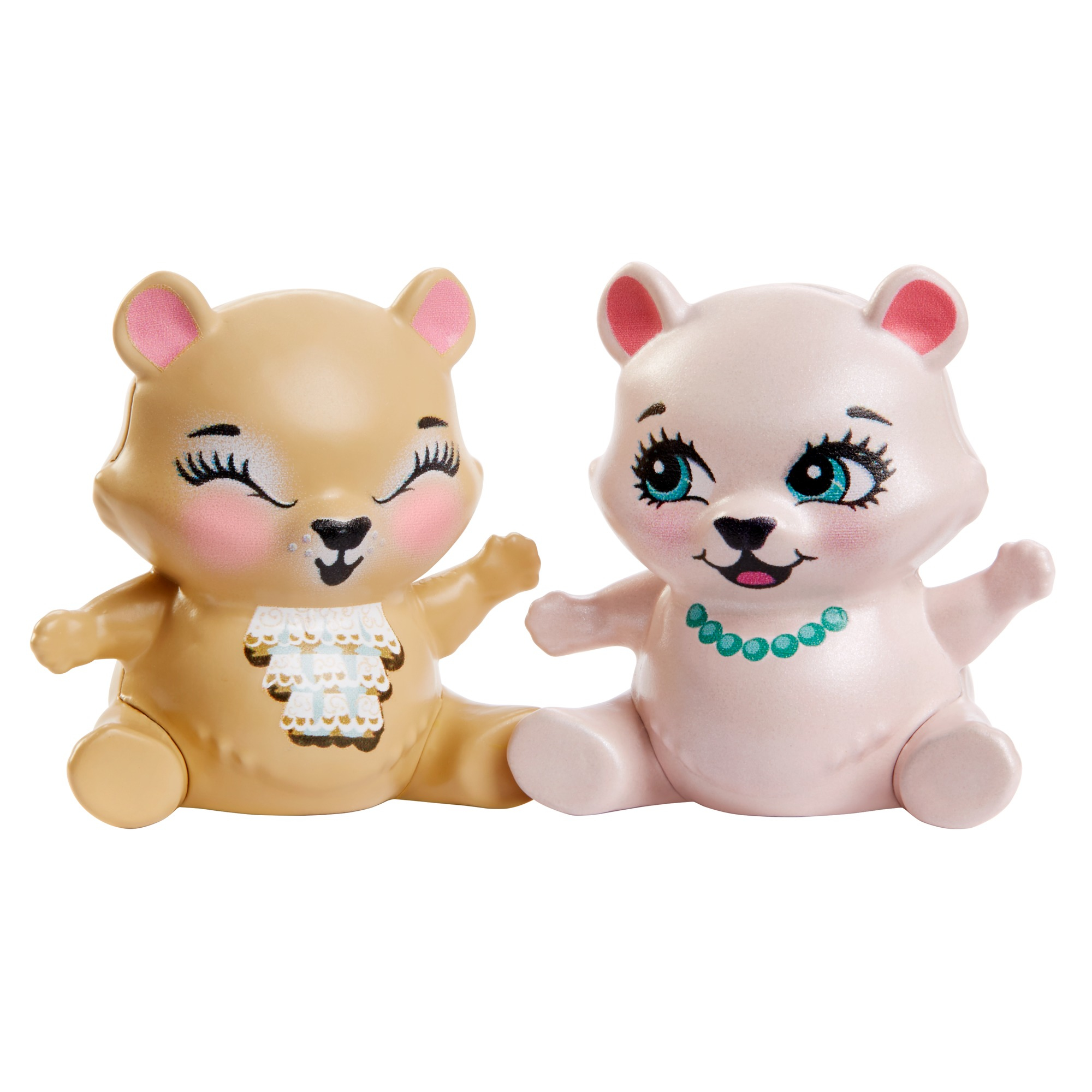 Zwei bärenartige Spielzeuge in sitzender Position, eines hellbraun und eines rosa, mit lächelnden Gesichtern.