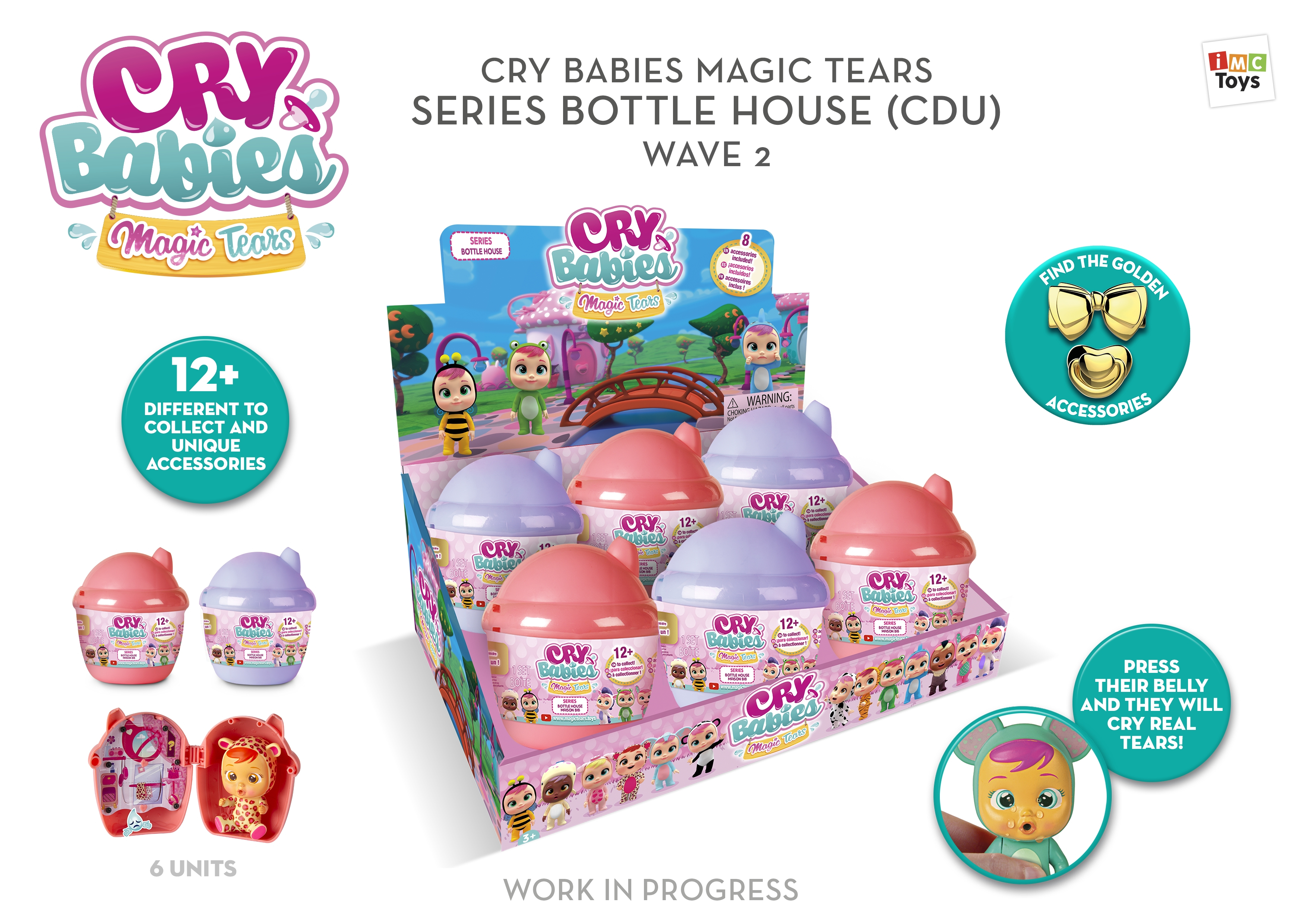 Anzeige von Cry Babies Magic Tears Series-Flaschen. Die Flaschen befinden sich in einer Box mit der Aufschrift „Cry Babies Magic Tears“.