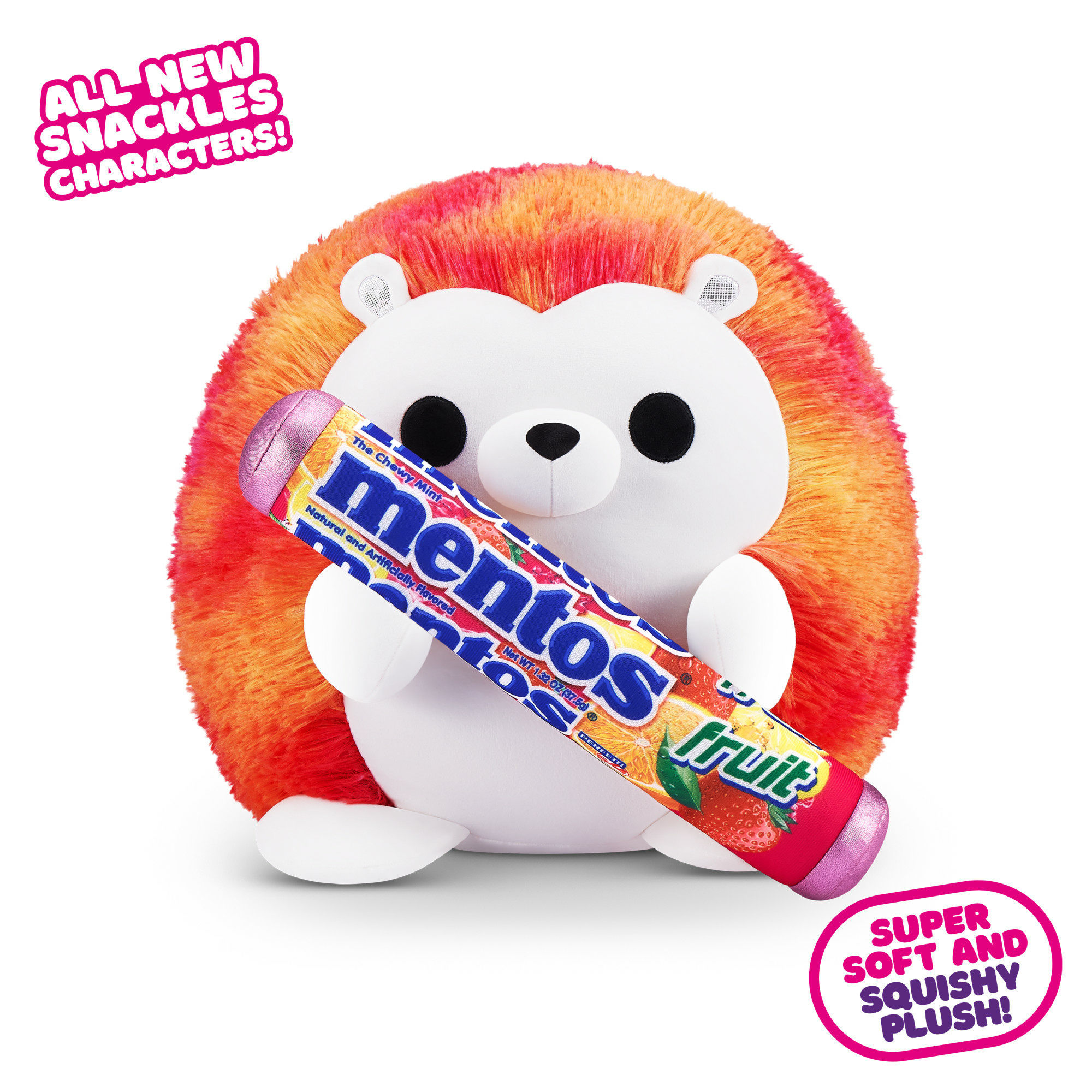 Igel-Plüschtier hält Mentos-Rolle, mit Text, auf weißem Hintergrund.