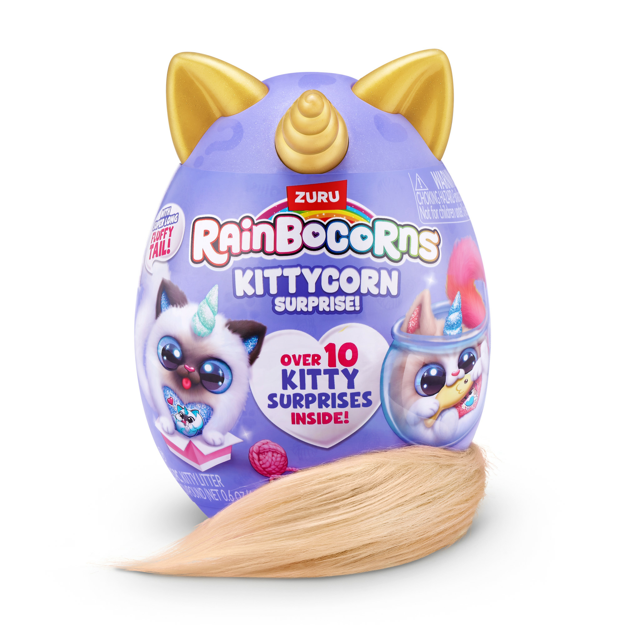 Ein lila katzenförmiges Eierspielzeug mit Katzenfiguren und einem blonden Schwanz.