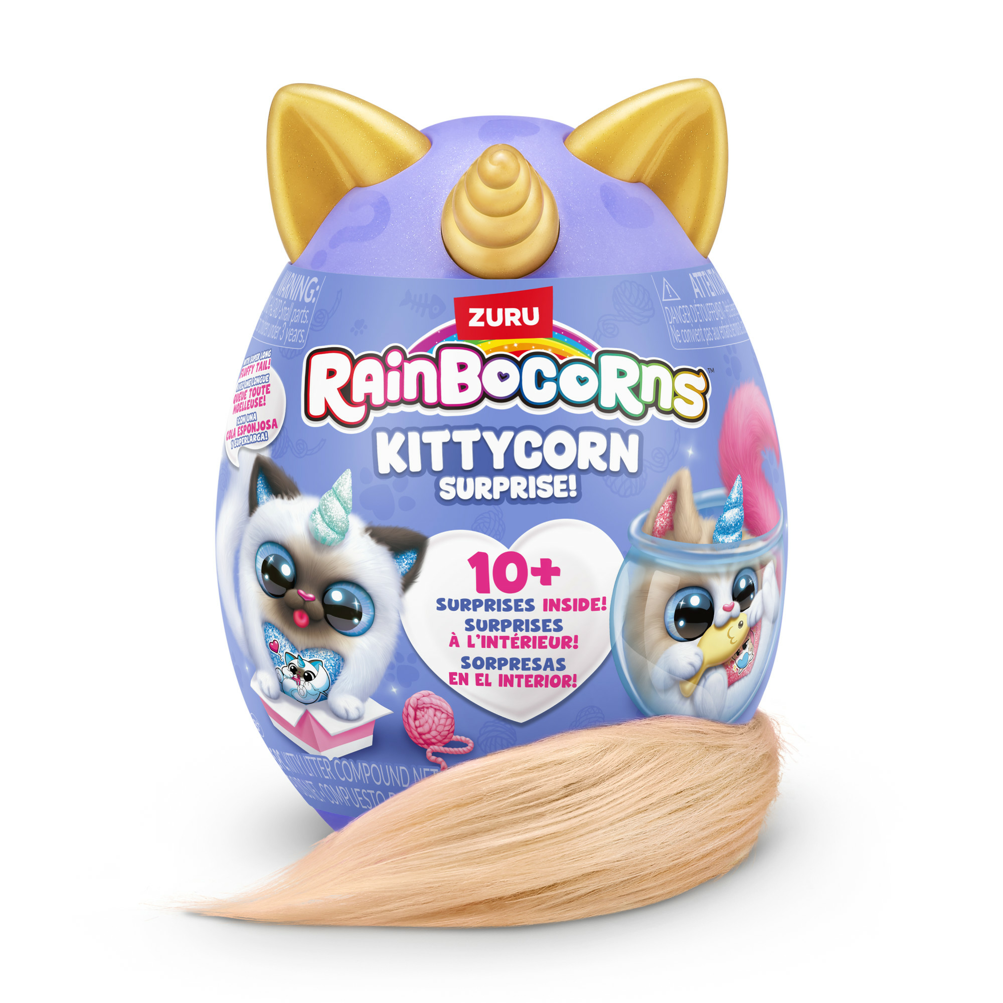 Ein lila, eiförmiges Spielzeug mit einer Kittycorn-Illustration und einem blonden Haaraccessoire. Das Spielzeug hat einen Haarstrang.