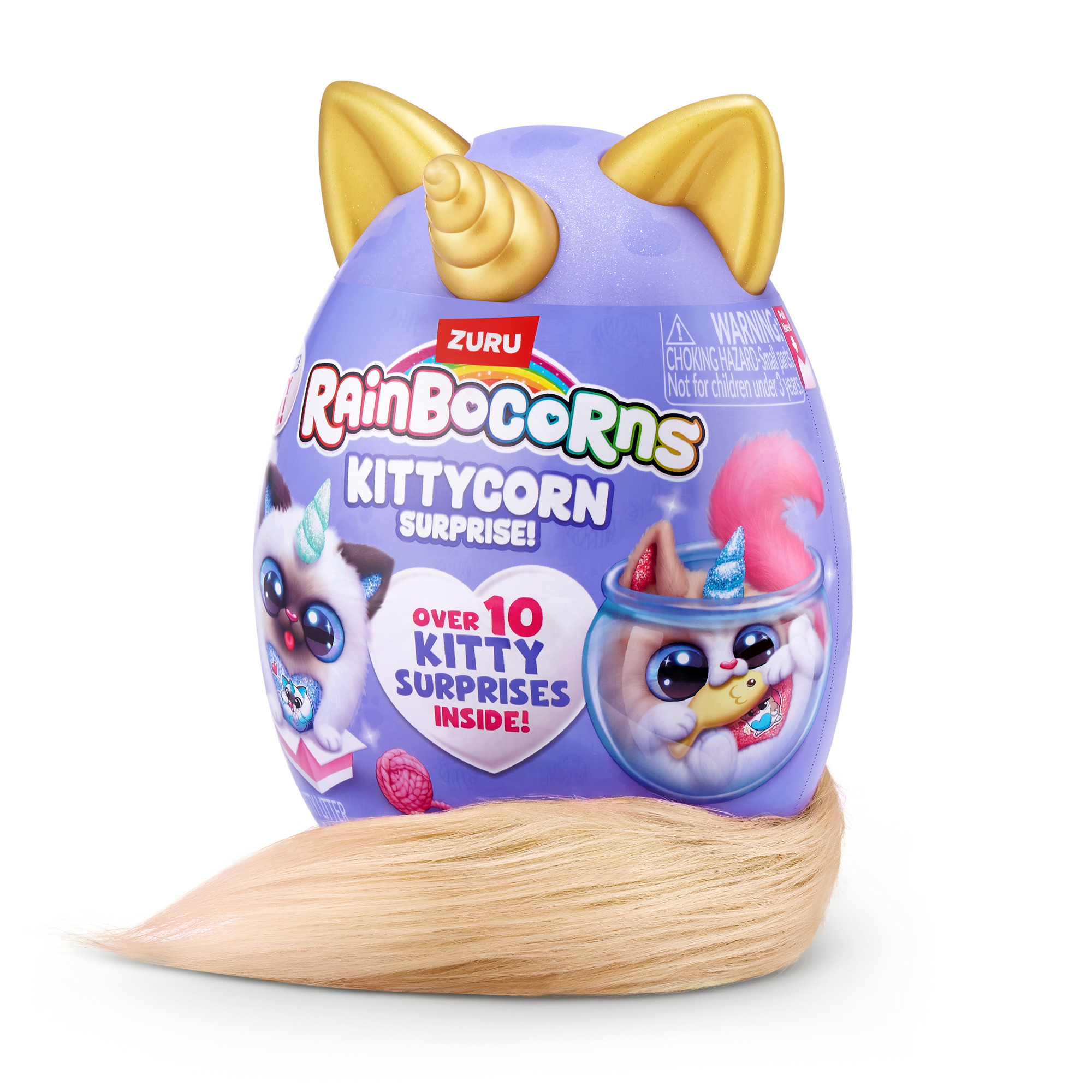 Ein Rainbocorns Kittycorn Überraschungsei. Es ist lila mit goldenen Ohren und einem Schwanz. Das Ei ist offen.