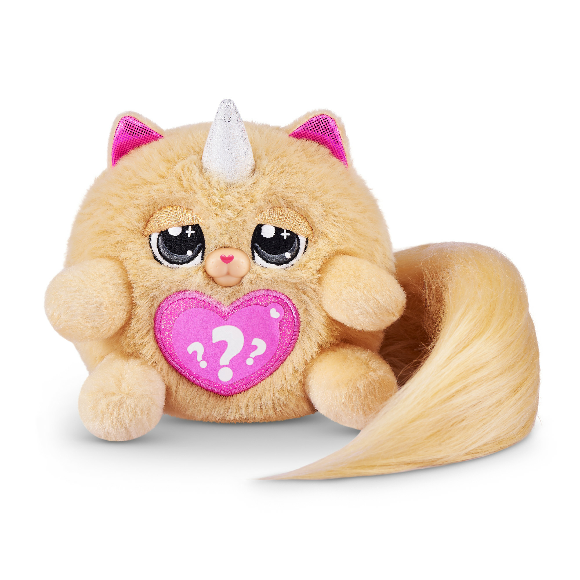 Ein Plüschkatzenspielzeug mit einem Einhornhorn und einem Herz mit einem Fragezeichen.