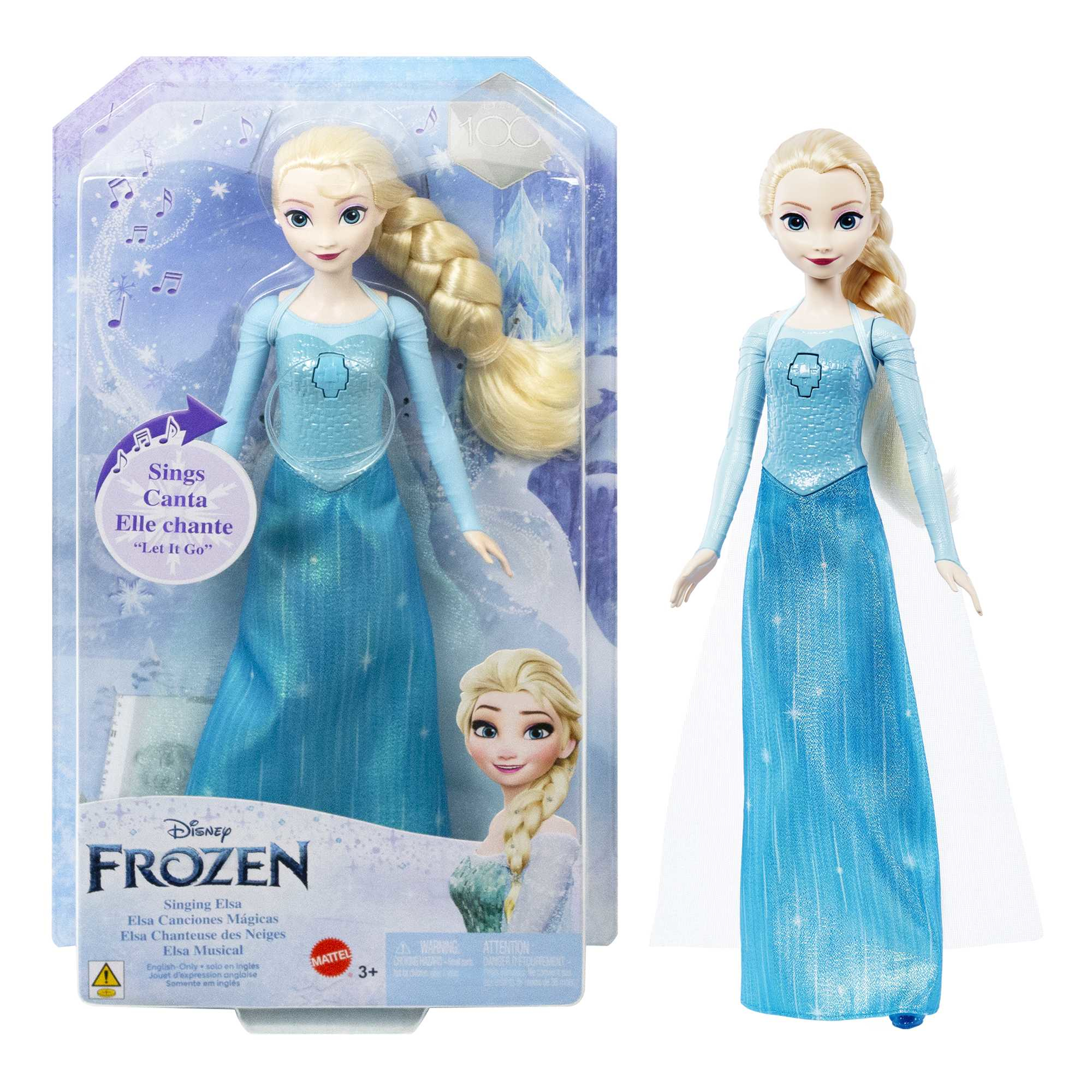 Lalka Elsy z Krainy Lodu w niebieskiej sukni i pudełku. Pudełko przedstawia Elsę i mówi 'Let it Go'.
