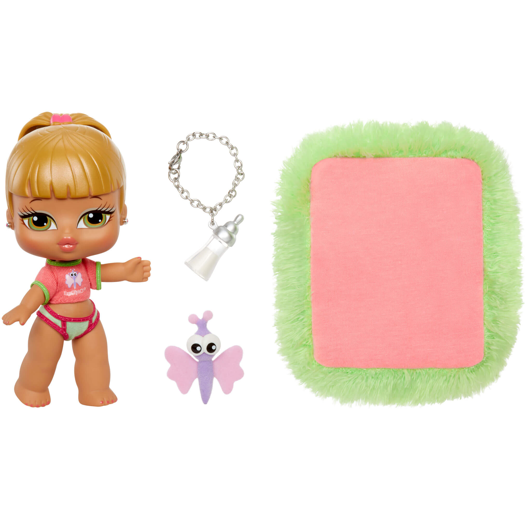 Baby-Bratz-Puppe mit Zubehör, einschließlich einer Flasche und einem Schmetterling.