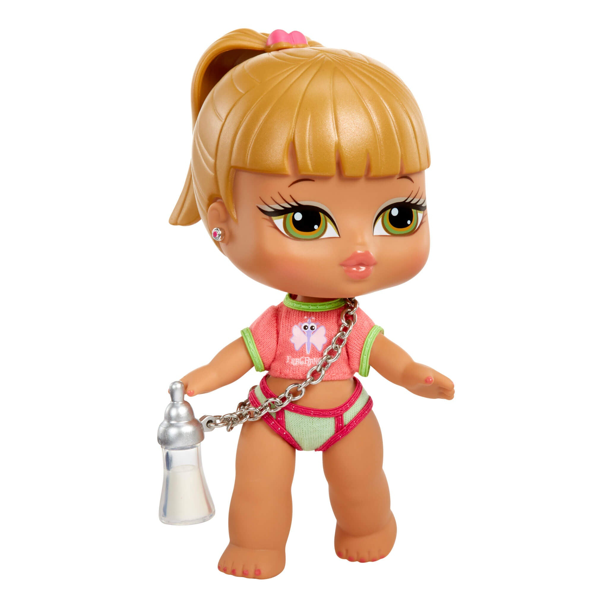 Baby-Bratz-Puppe mit blonden Haaren, rosa Oberteil und einer Flasche, die einen Schnuller trägt.
