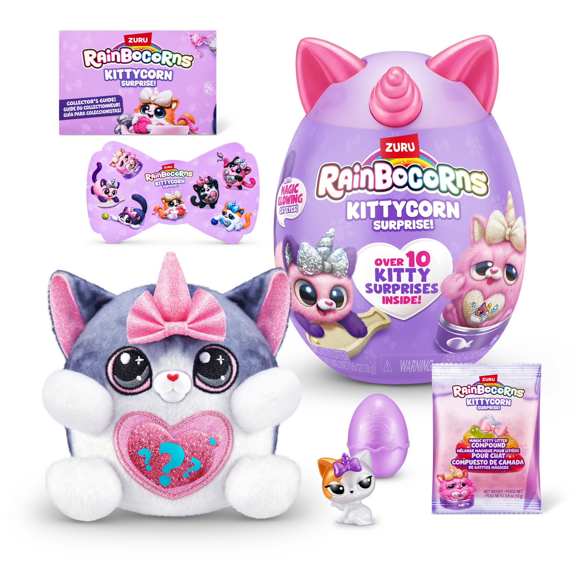 Eine Sammlung von Rainbocorns Kittycorn Surprise Spielzeugen mit Zubehör.