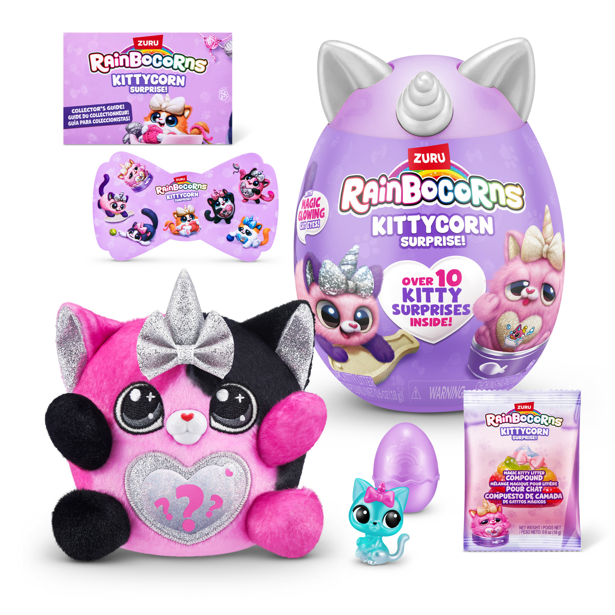 Ein pinkes und schwarzes Kittycorn Überraschungsspielzeug mit Zubehör, darunter ein Ei, ein kleines Spielzeug und ein Führer.