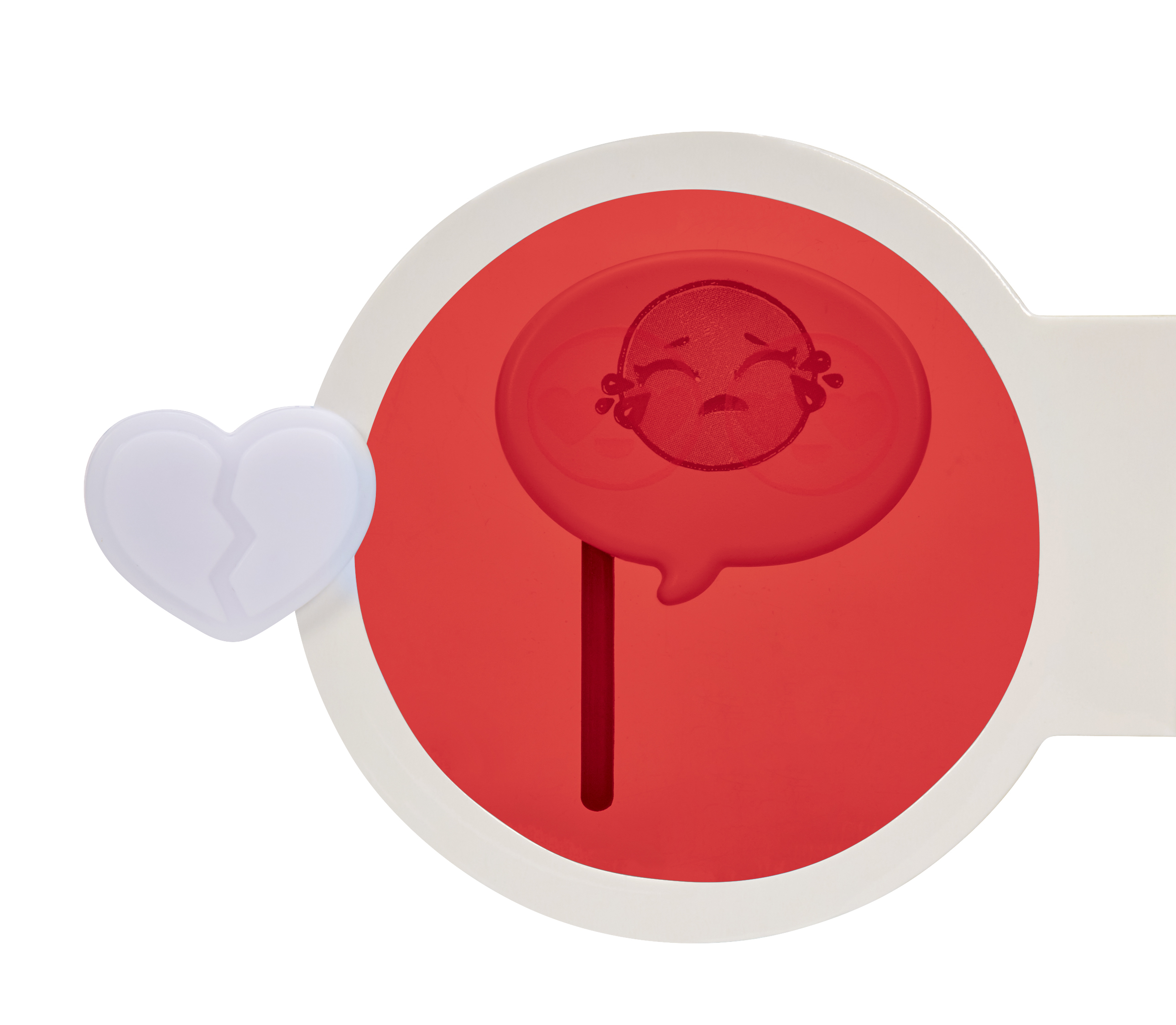 Czerwony lizak z płaczącą twarzą, otoczony białym złamanym sercem i czerwonym okręgiem.