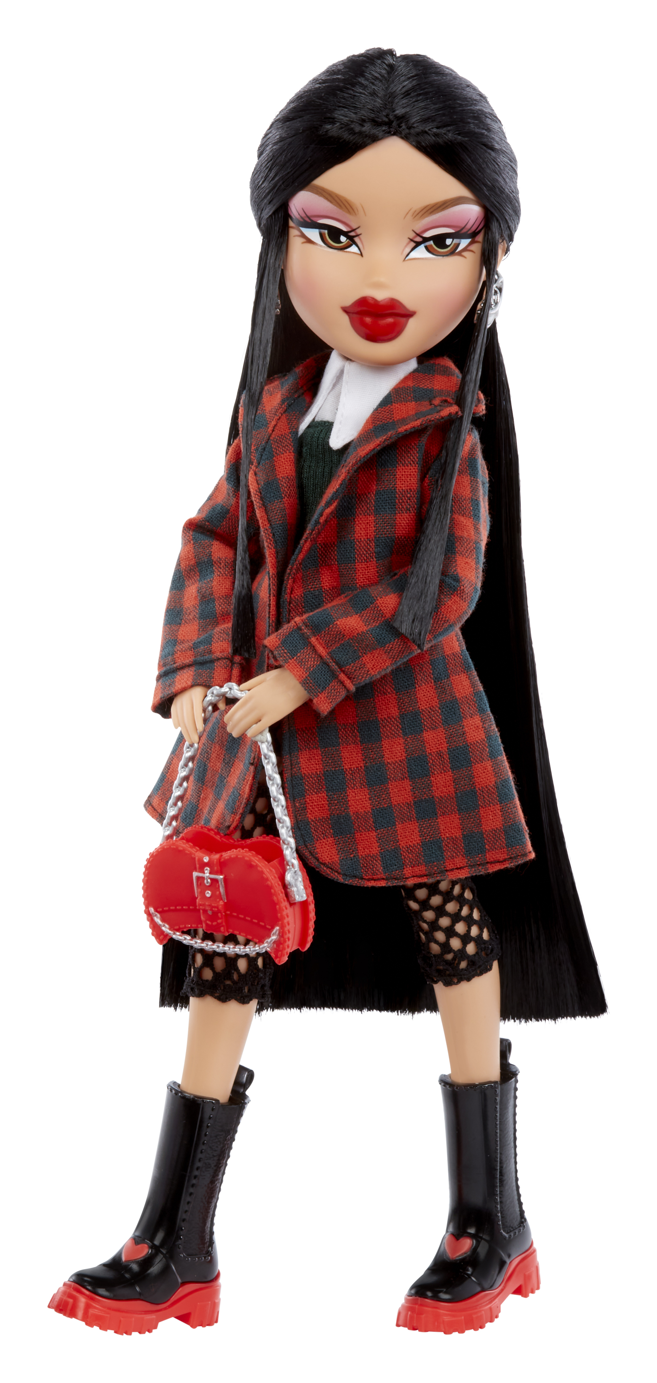Lalka o ciemnej skórze, długich czarnych włosach, w czerwonym płaszczu w kratę i czarnych butach.
