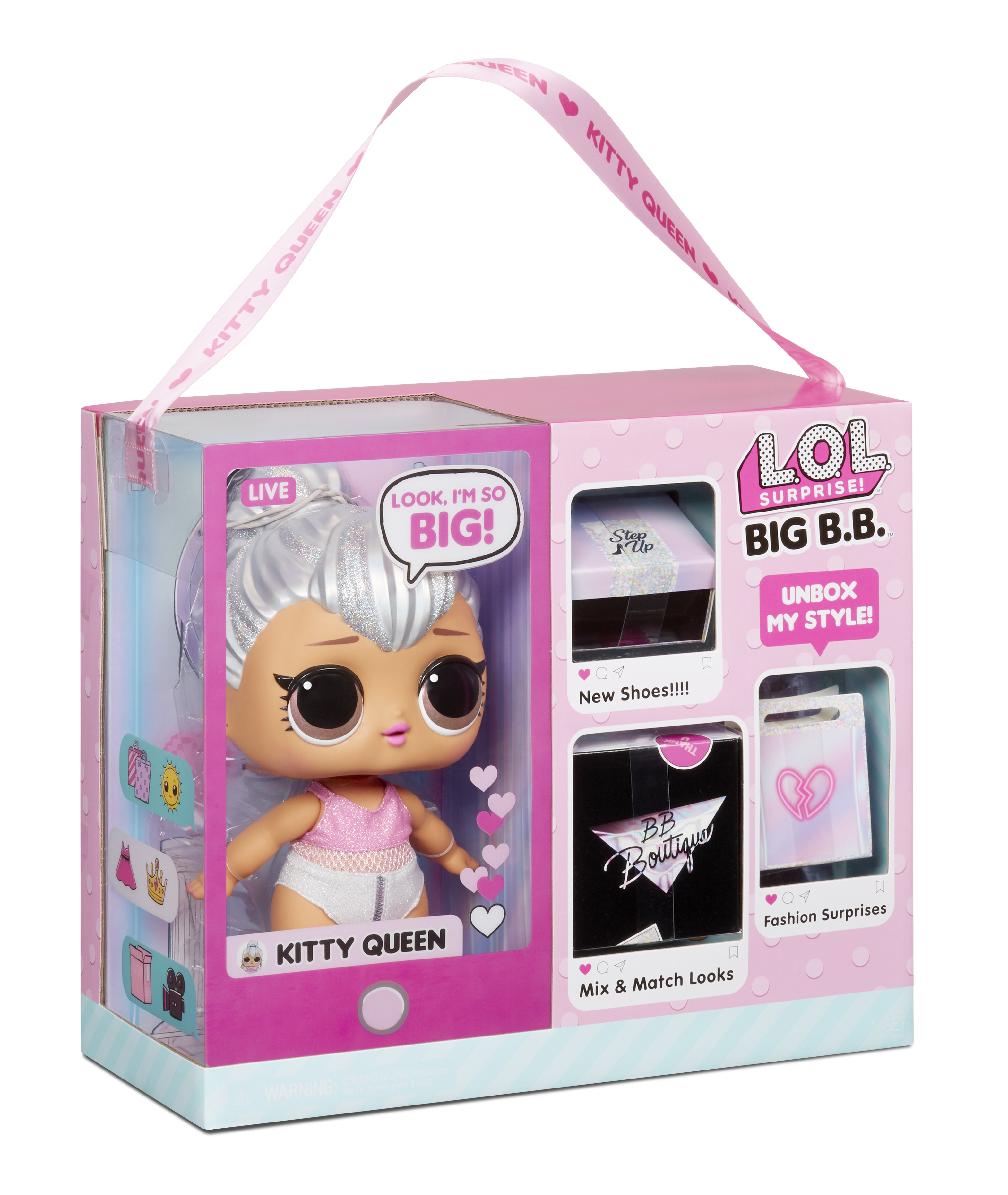 LOL Surprise Puppe in einer Box. Die Box ist rosa und enthält Zubehör und eine Puppe.