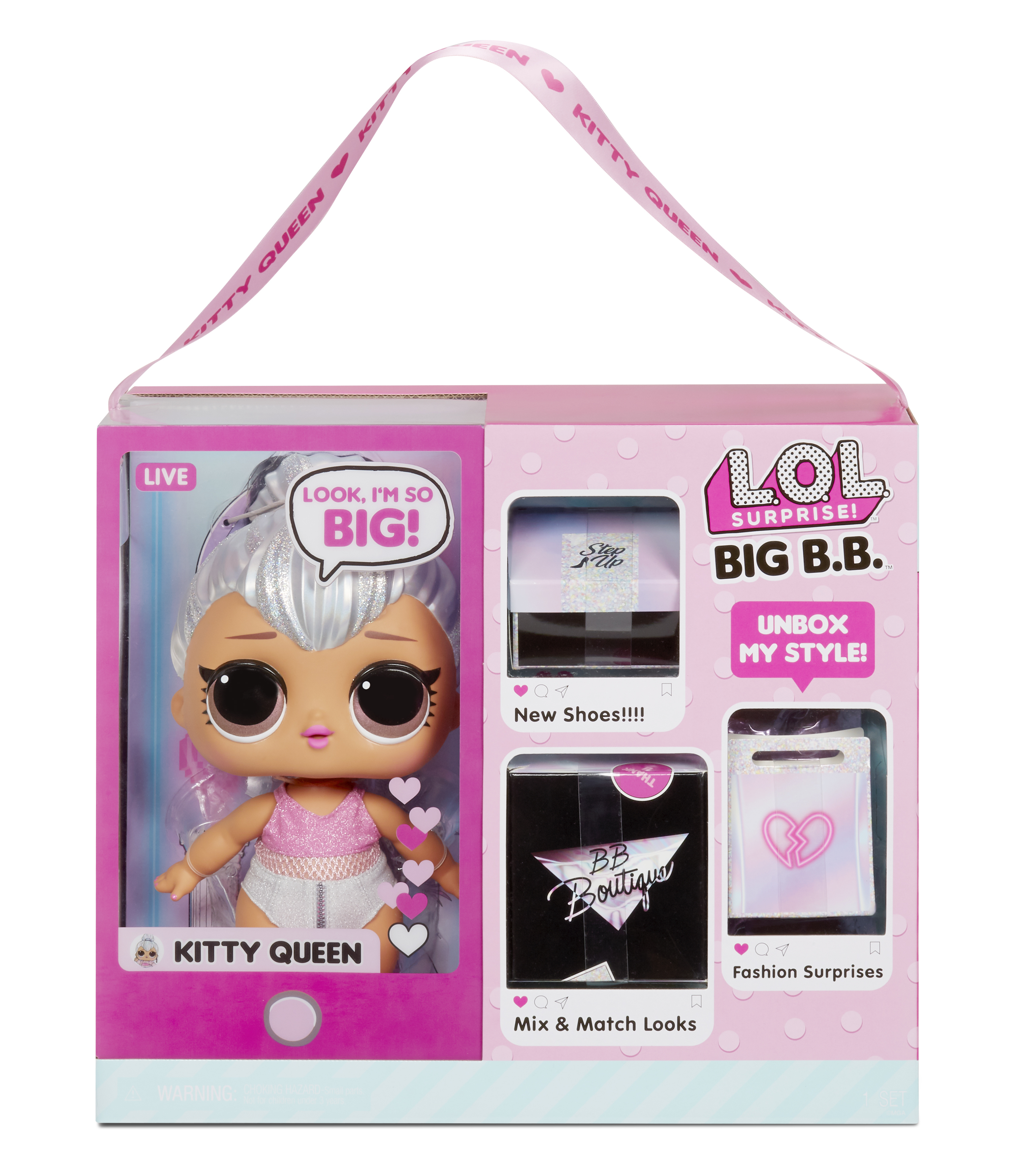 Ein LOL Surprise Big B.B. Puppen-Box-Set. Es enthält eine Puppe und Mode-Überraschungen. Die Box ist rosa.