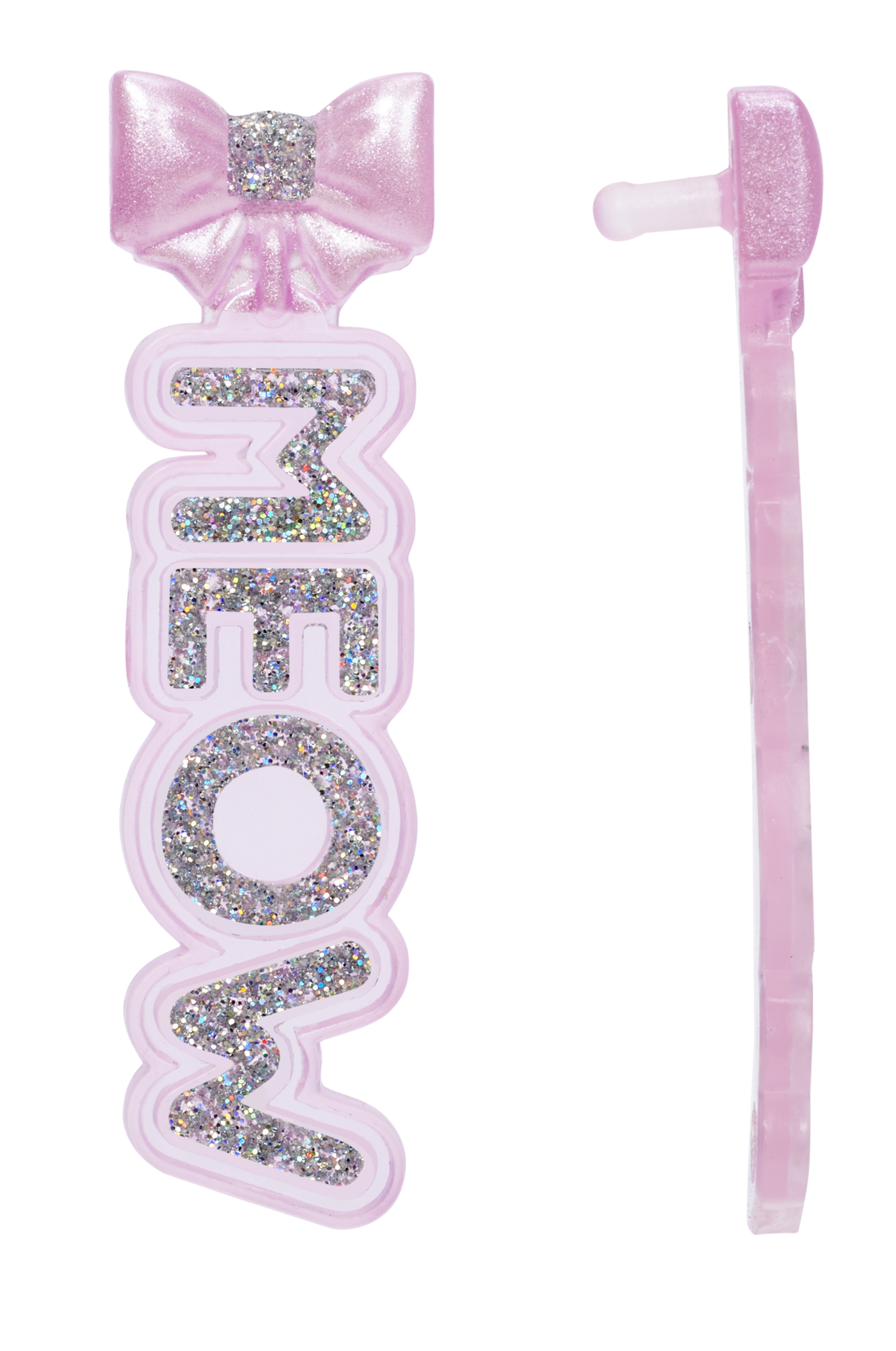Rosa 'MEOW'-Schild mit Glitzer. Weißer Hintergrund.