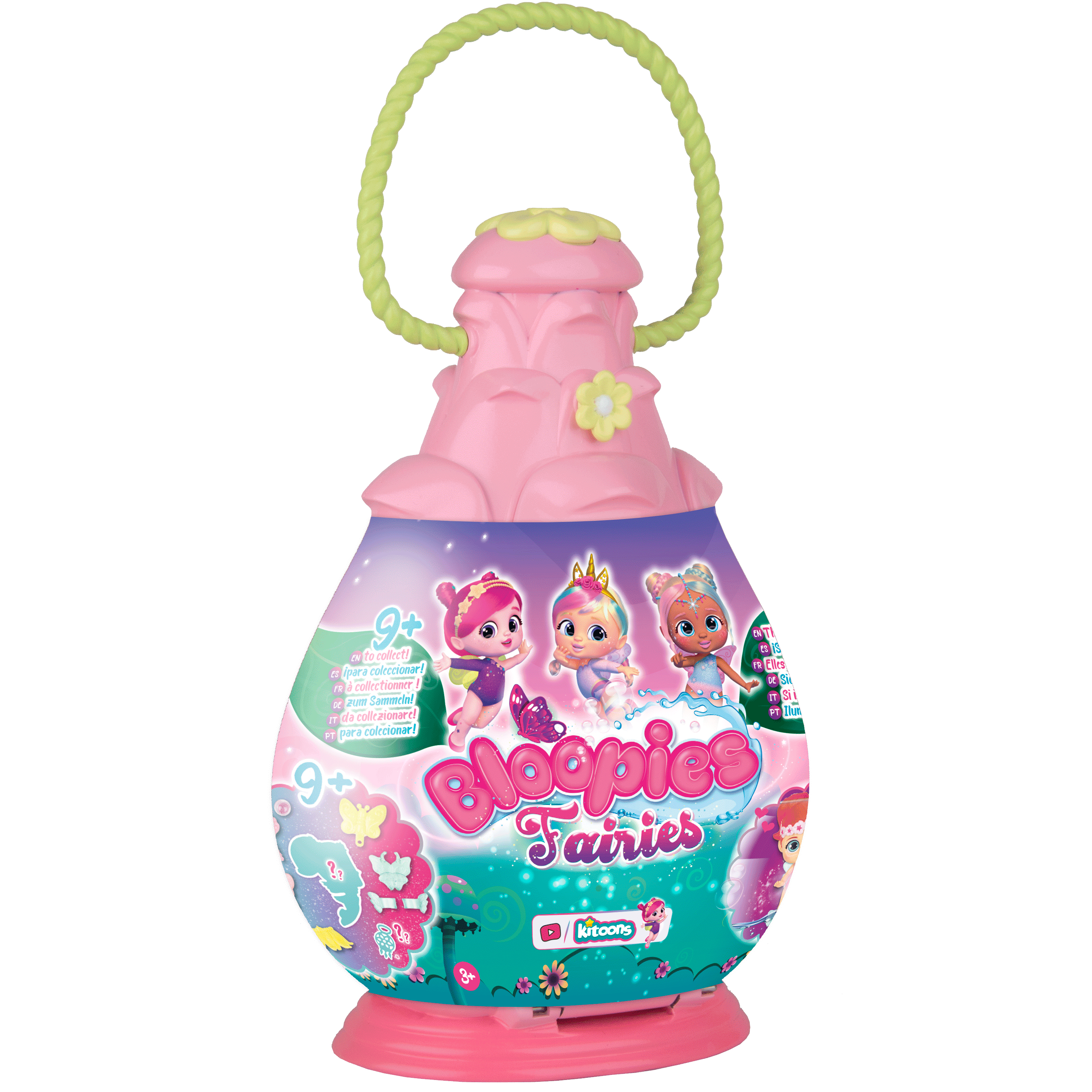 Różowy pojemnik na zabawki Bloopies Fairies z ilustracją wróżek. Zielony uchwyt i kwiat na górze. Białe tło.