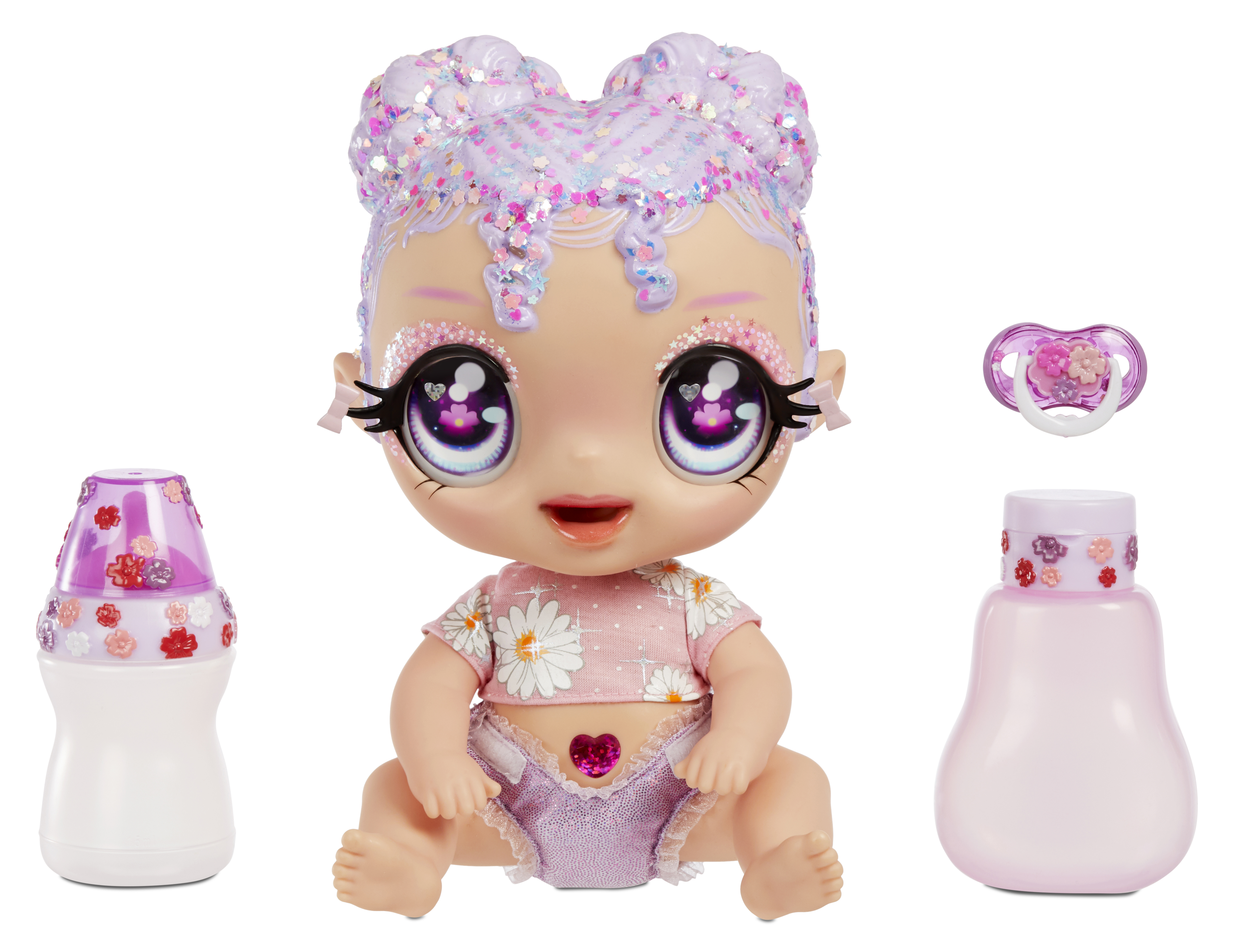 Babypuppe mit glitzerndem Haar und Zubehör, darunter eine Flasche und ein Schnuller.