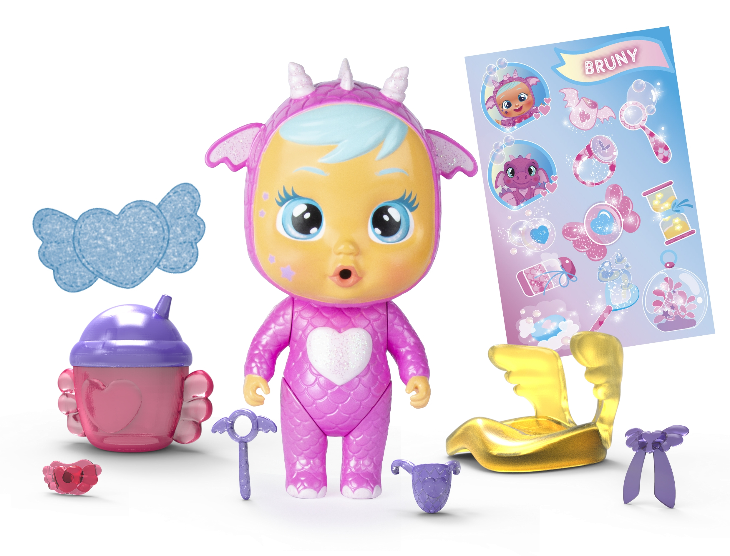 Eine Cry Babies Spielzeugpuppe mit Zubehör und einem rosa Drachen-Outfit.