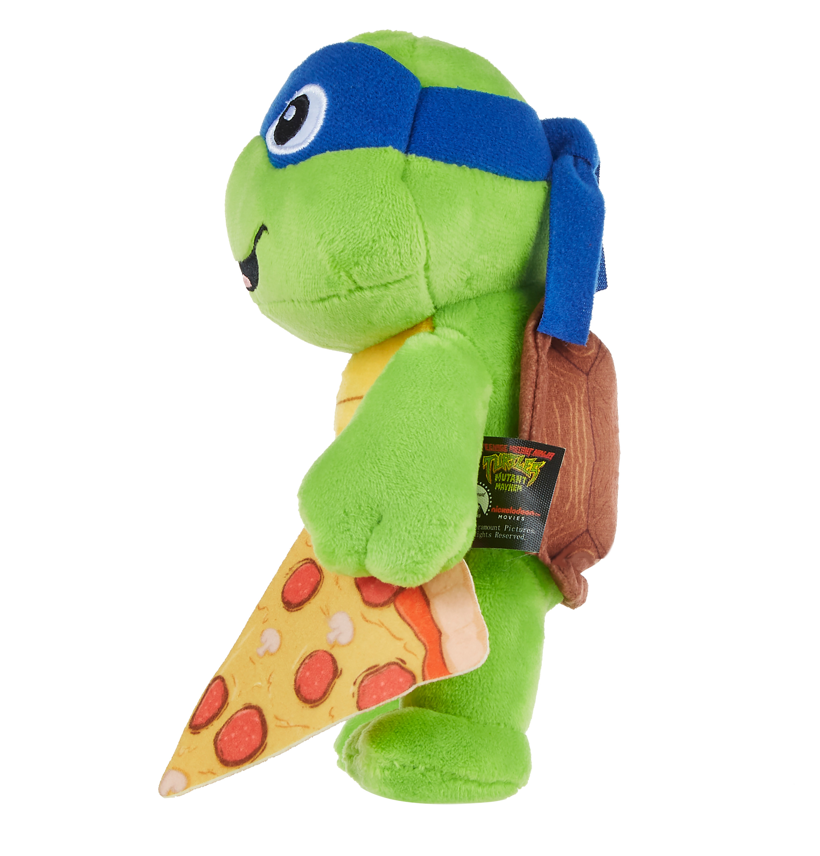 Grünes Plüsch-Teenage Mutant Ninja Turtle mit Pizzastück.