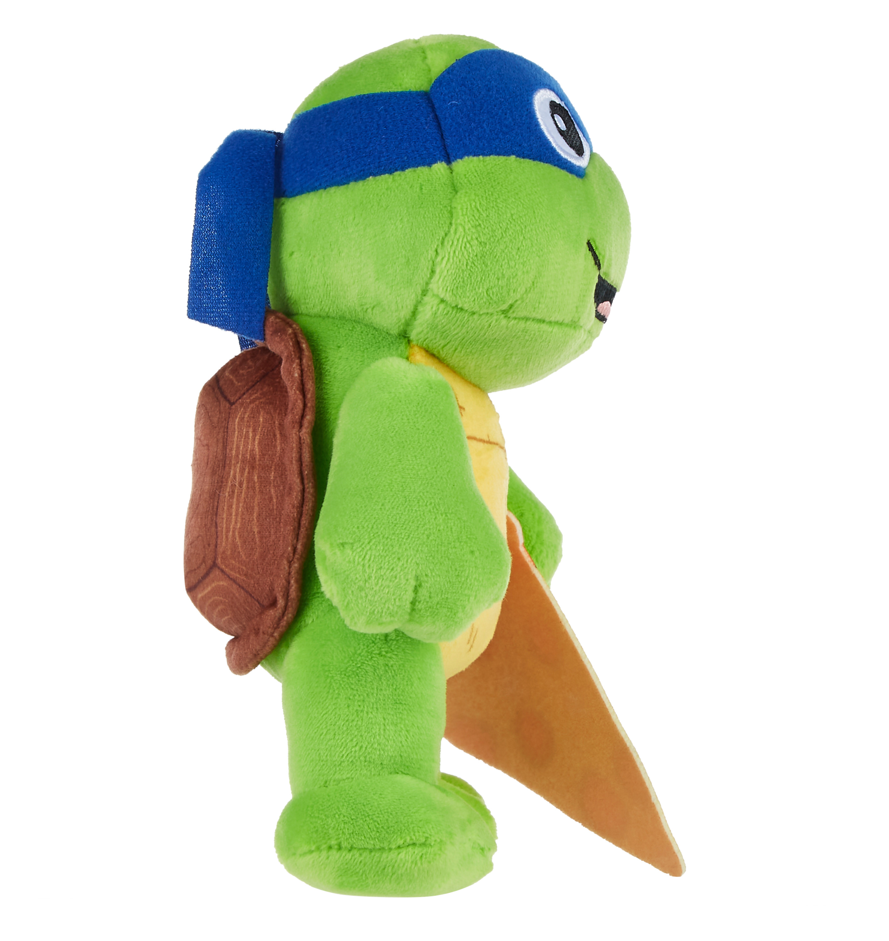 Seitenansicht eines grünen Teenage Mutant Ninja Turtle-Plüschtiers mit blauer Maske und braunem Panzer.