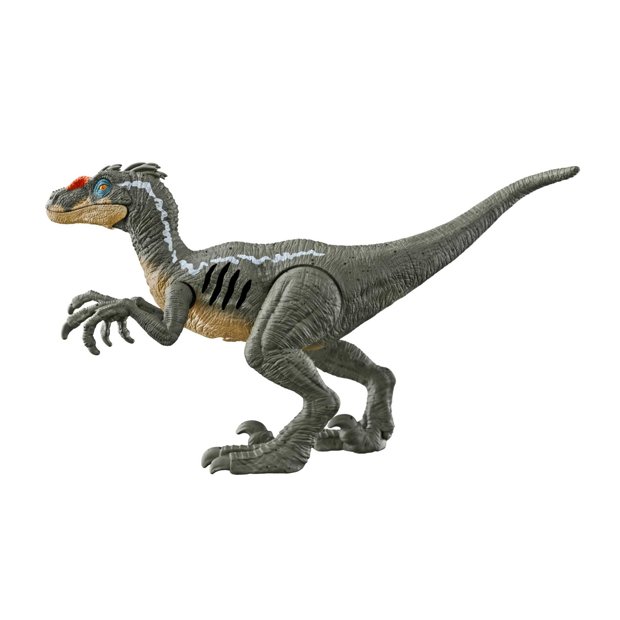 Un juguete de dinosaurio gris con una raya roja en la cabeza, sobre fondo blanco.